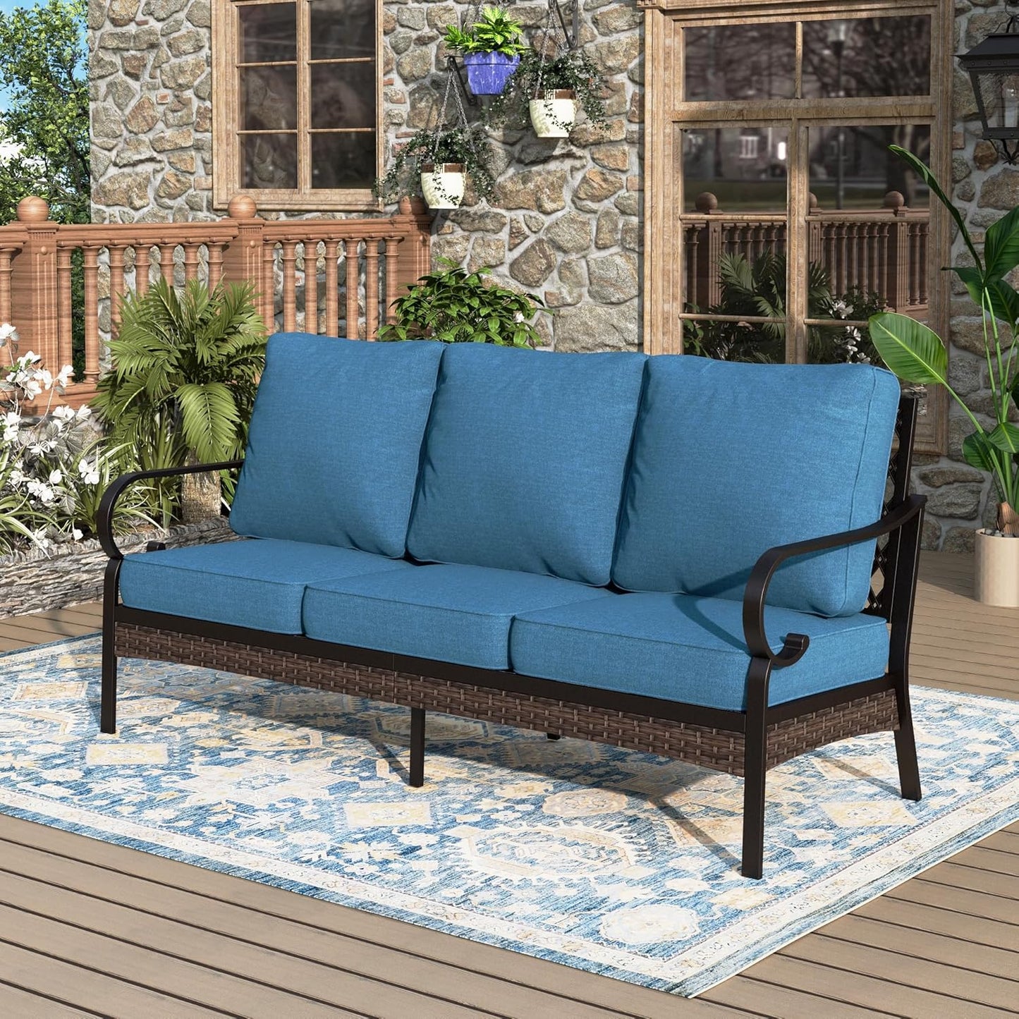 Patio Furniture Sofa, 3-Seat Patio Sofa Steel Frame Outdoor Sectional Couch with Deep Seating and 5.75” Cushions for Lawn Backyard Porch Deck, Navy Blue