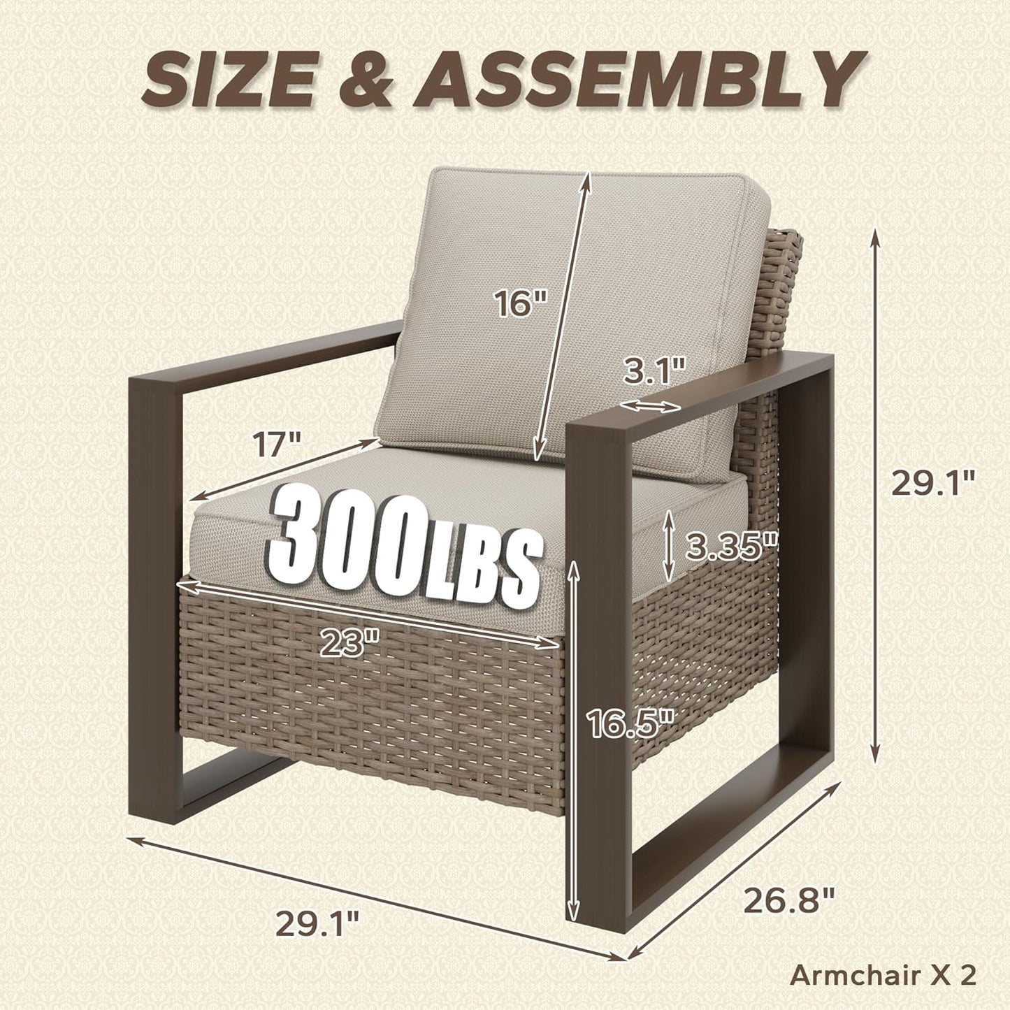 Patio Metal Wicker Chairs Set of 2, All Weather Outdoor Rattan Dining Chairs with Rectangular Framed Wood-Looking Metal Armrest & Fade-Resistant Cushions for Deck Balcony Backyard, Beige