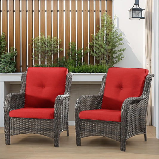 Patio Wicker Chairs Set of 2, Patio Rattan Dining Chairs with 3.5-inch Seat Cushions, High Back and Curved Armrest for Garden, Backyard, Balcony and Deck, Red