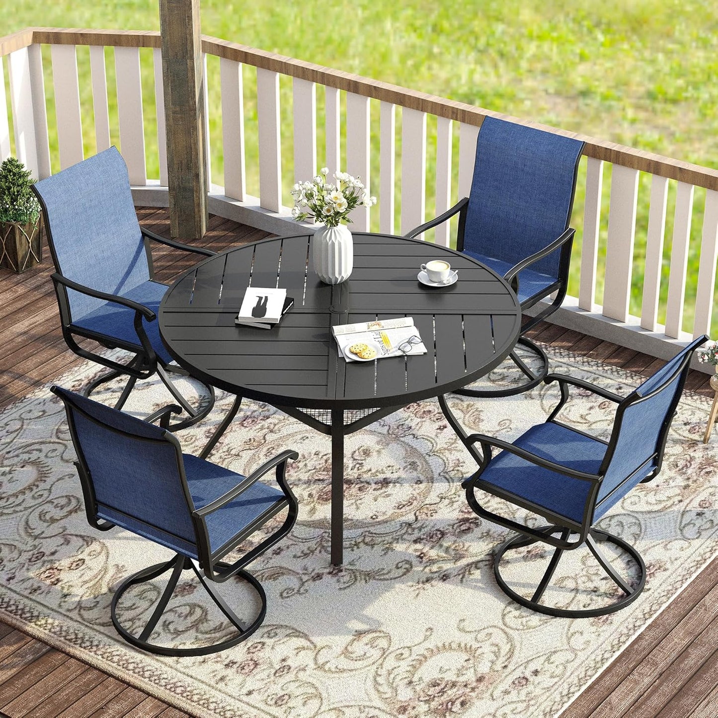 VICLLAX Round Patio Table with Adjustable Umbrella Hole for 4, All Weather Metal Outdoor Dining Table for Lawn Garden, 40.6" Outdoor Coffee Table, Black Tabletop