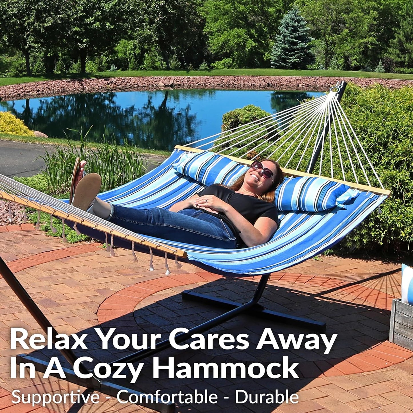 Sunnydaze Quilted Outdoor Hammock with Spreader Bars - Heavy-Duty 450-Pound Capacity Double Hammock for Outside - Misty Beach