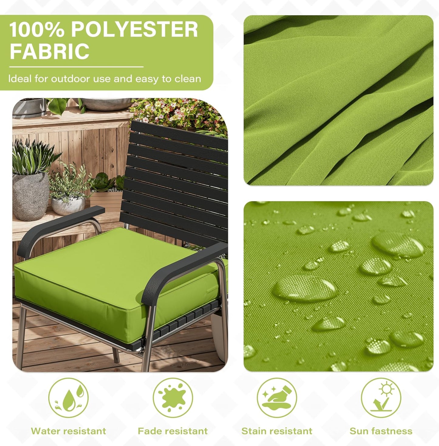 Patio Chair Cushions 24 X 24 X 5 Inch Waterproof Outdoor Seat Cushions for Patio Furniture, Outdoor Sofa Couch Pads with Ties & Handle, Set of 2, Grass Green