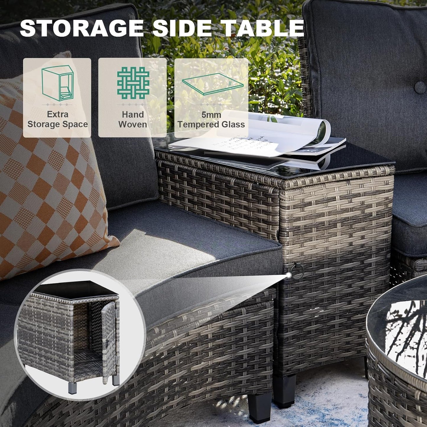 8 Piece Outdoor Patio Furniture Set, Half-Moon Curved Sectional Set with Wood Armrests, Patio Conversation Set, 2 Half-Moon Ottomans, Round Table & Side Table (Grey)