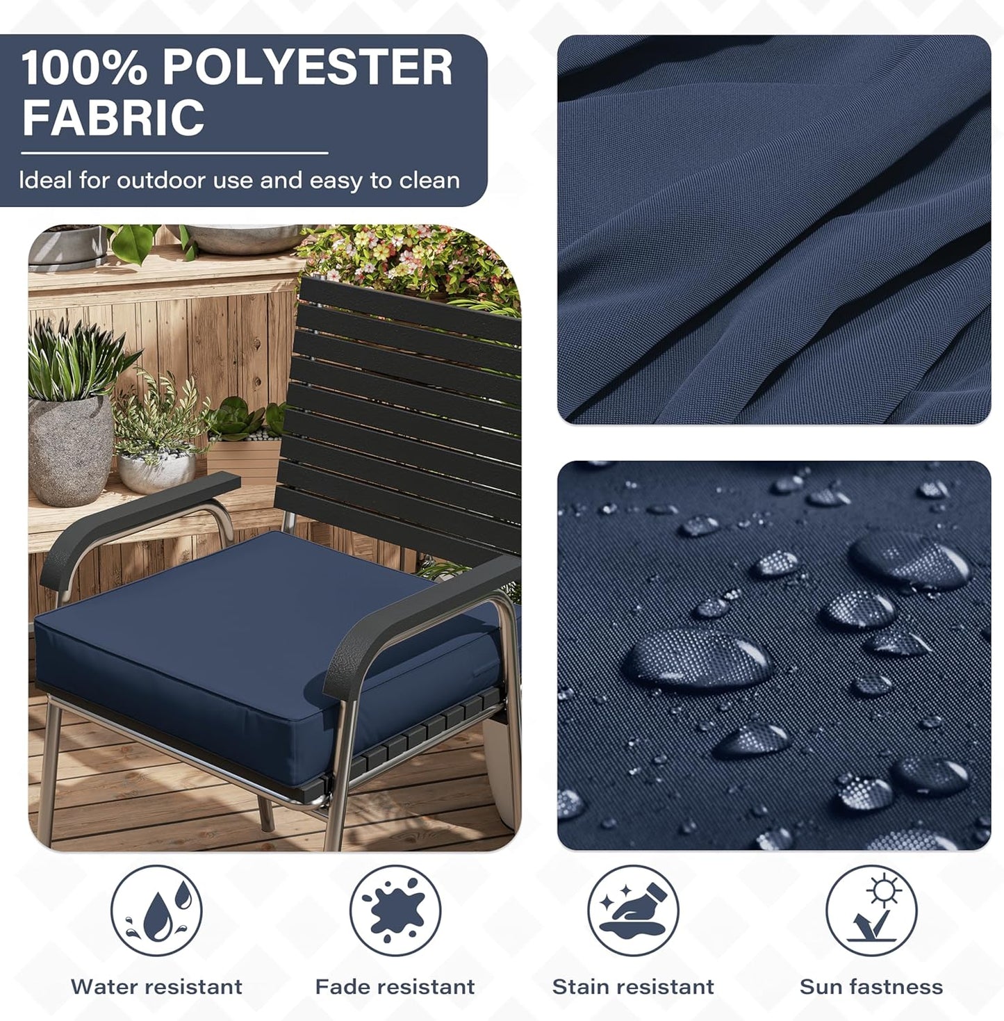 Patio Chair Cushions 18.5 X 16 X 4 Inch Waterproof Outdoor Seat Cushions for Patio Furniture, Outdoor Sofa Couch Pads with Ties & Handle, Set of 2, Navy Blue
