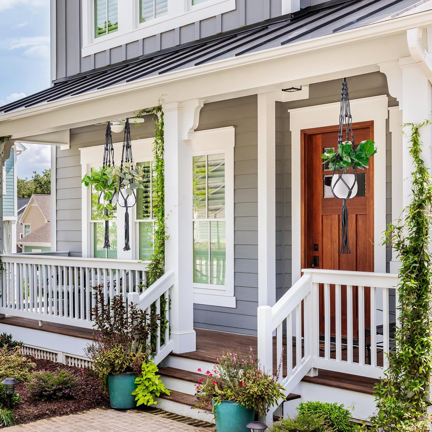 Sorbus Macrame Plant Hanger (8 Pack) Indoor Outdoor Hanging Plant Pots Cotton Rope, Elegant for Home, Patio, Garden (Black)