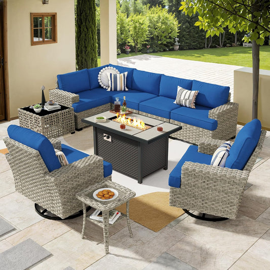HOOOWOOO Outdoor Sectional Patio Furniture Set with Fire Pit Table,10 Pieces Wicker Conversation Sets L Shaped Couch,Extra Deep Out Door Sofa Outside Furniture with Swivel Chairs,Navy Blue