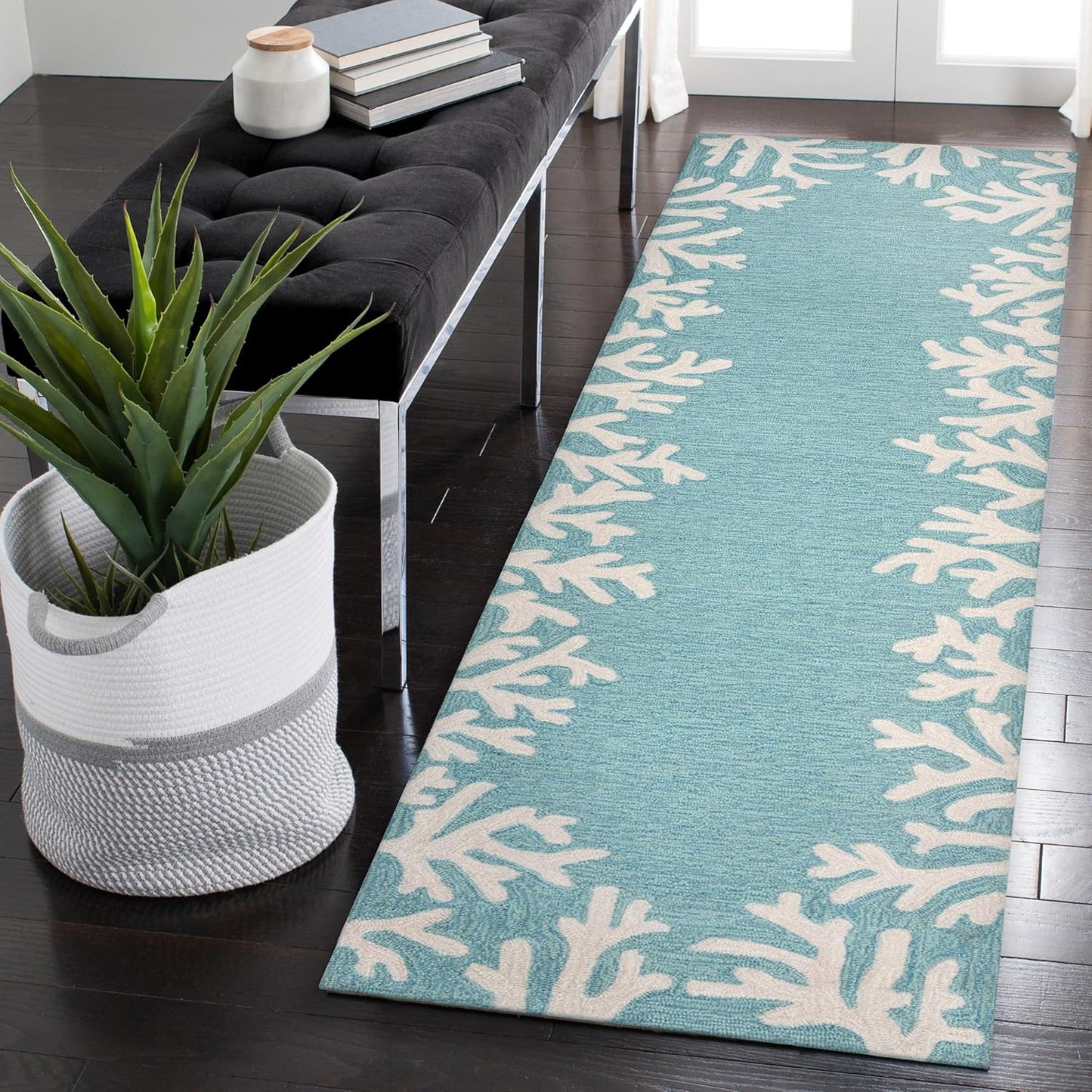 Liora Manne CAPRI Indoor/Outdoor Handmade Synthetic Blend Durable Area Rug - Traditional Border Coastal Beach Accent (Coral Border Aqua) (2' x 8')