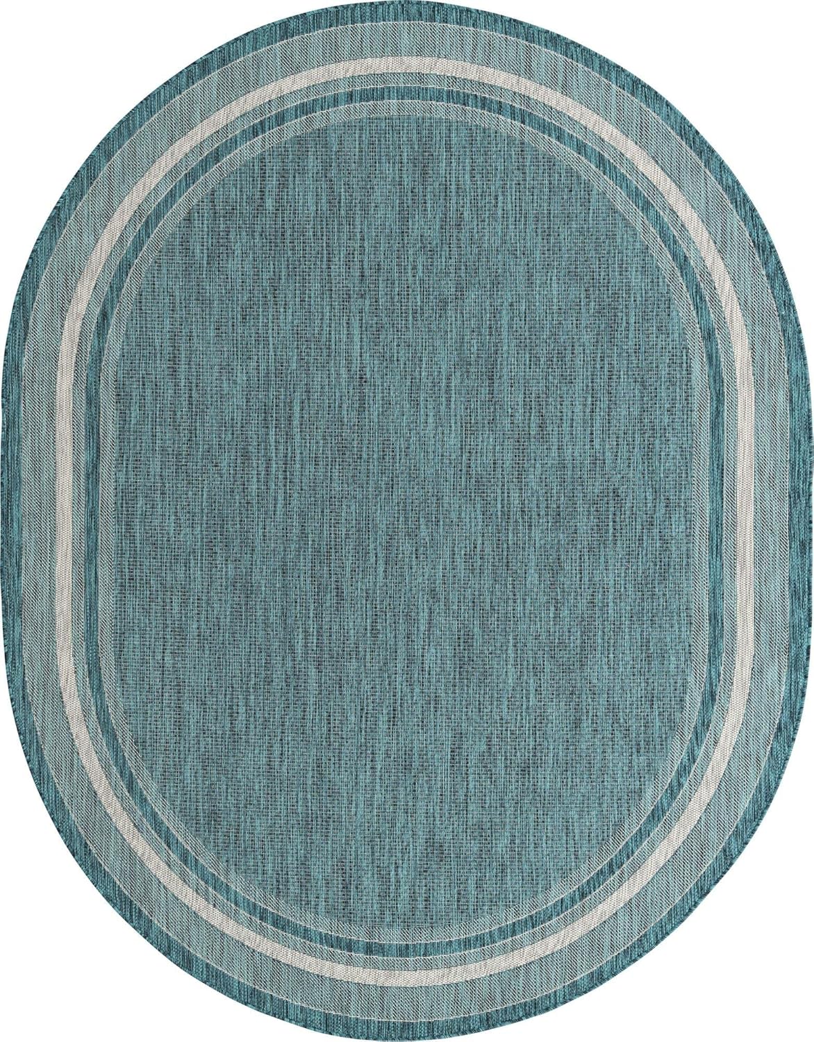 Unique Loom Outdoor Border Collection Area Rug - Soft Border (7' 10" x 10' Oval, Teal/ Ivory)