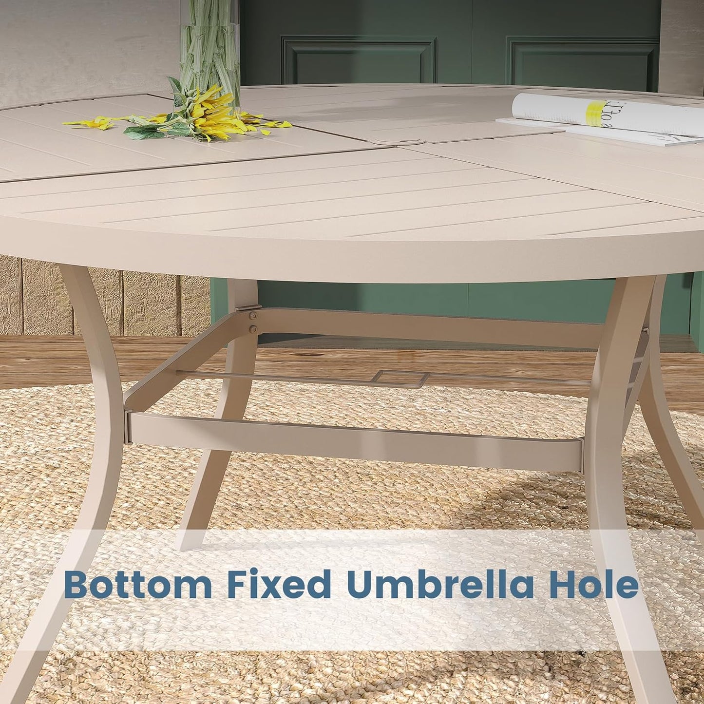 DIFY 59.8" Round Outdoor Patio Dining Table for 8-10, All-Weather Metal Steel Slatted Patio Table with 1.57" Adjustable Umbrella Hole, for Lawn Garden Porch Backyard, Sandshell