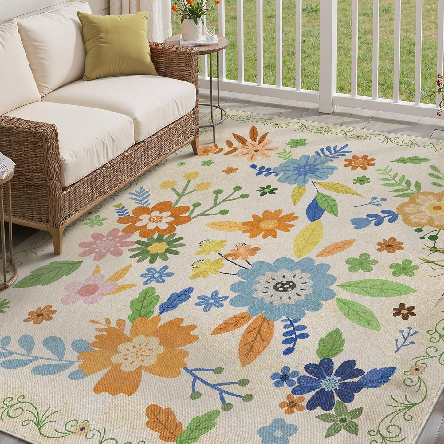 GENIMO Indoor Outdoor Area Rug 8' X 10' Waterproof, Washable Door Mat Non Shedding, Easy Cleaning Floral Outdoor Carpet for Patio, Entryway, Porch, Bathroom, Living Room, Bedroom, Backyard