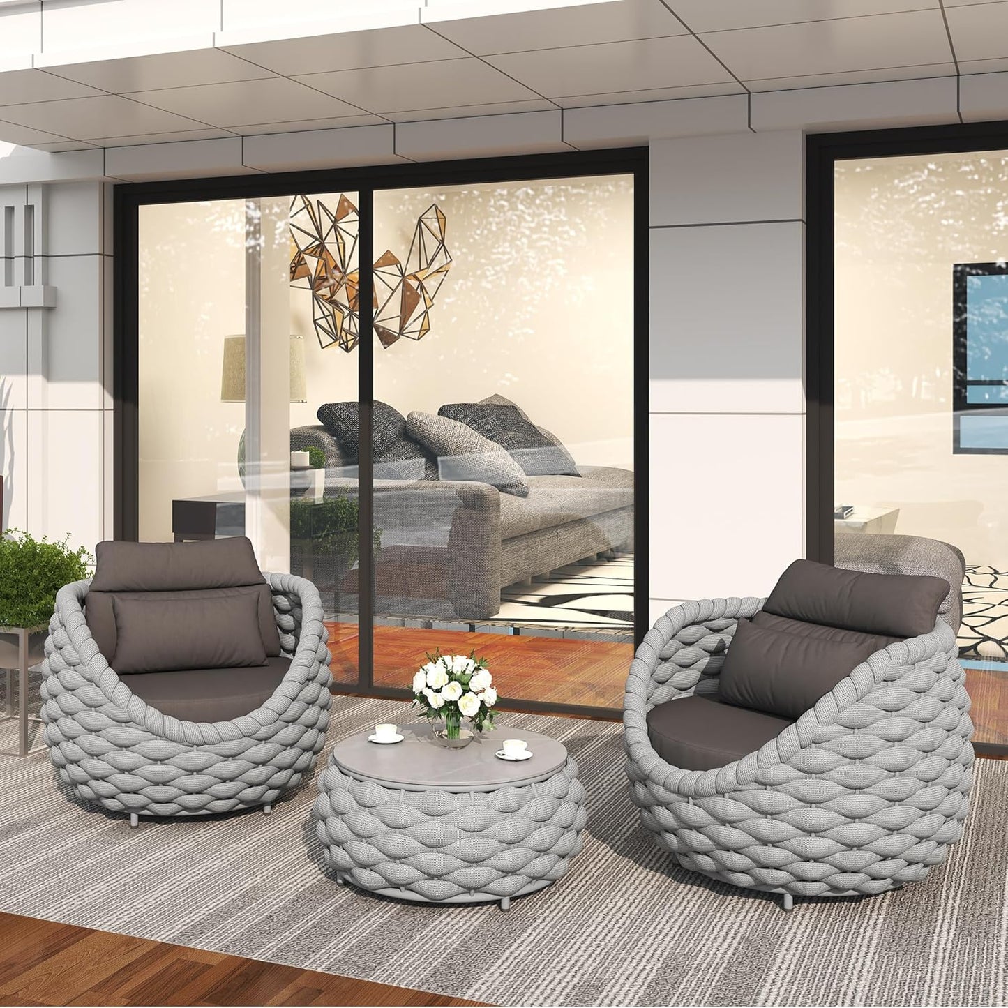 TWT 3 Pieces Aluminum Patio Furniture Set, Hand Woven Polyester Rope Modern Outdoor Furniture w/Washable Cushion and Rock Slab Tabletop, Conversation Sofa Set for Livingroom Poolside Balcony (Grey)