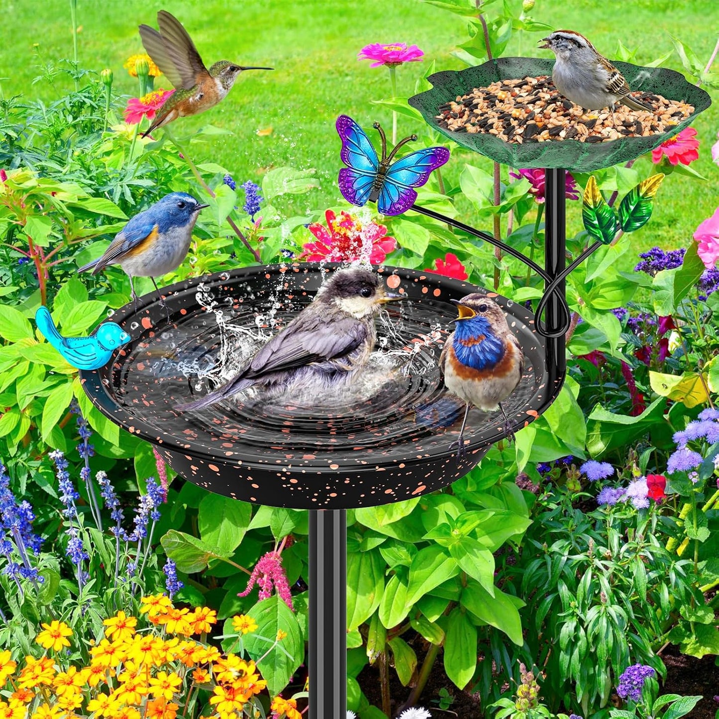 Metal Bird Bath for Outside Garden Birdbath Bowl, Freestanding Bird Feeders for Outdoors with 5 Prongs Base Stake, Standing Birdfeeders Birdbath Bowl for Yard Decor (2-in-1)