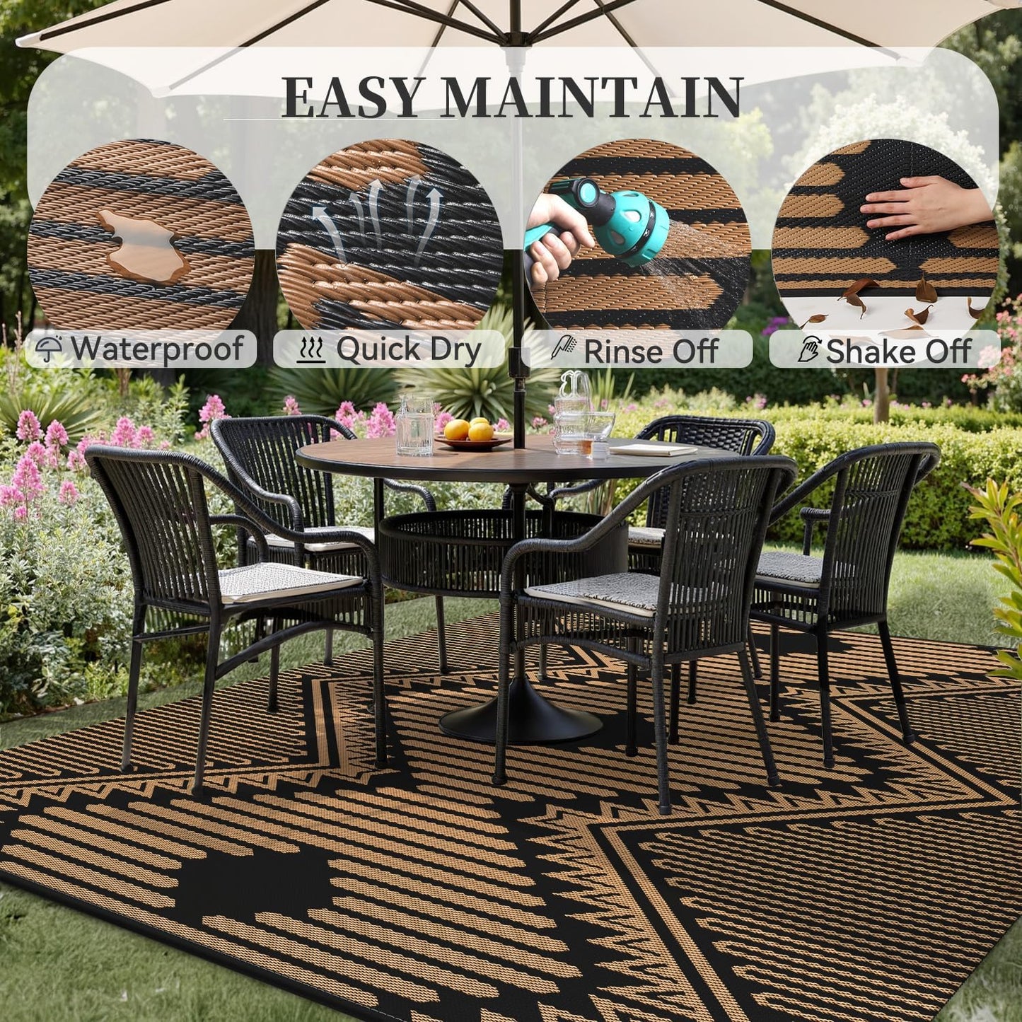 MontVoo Outdoor Rug 8x10 Waterproof Patio Rug-Outdoor Carpet Mat Reversible Plastic Straw Outside Outdoor Rug for RV Camping Picnic Balcony Backyard Pool Deck Porch Modern Boho Black Brown
