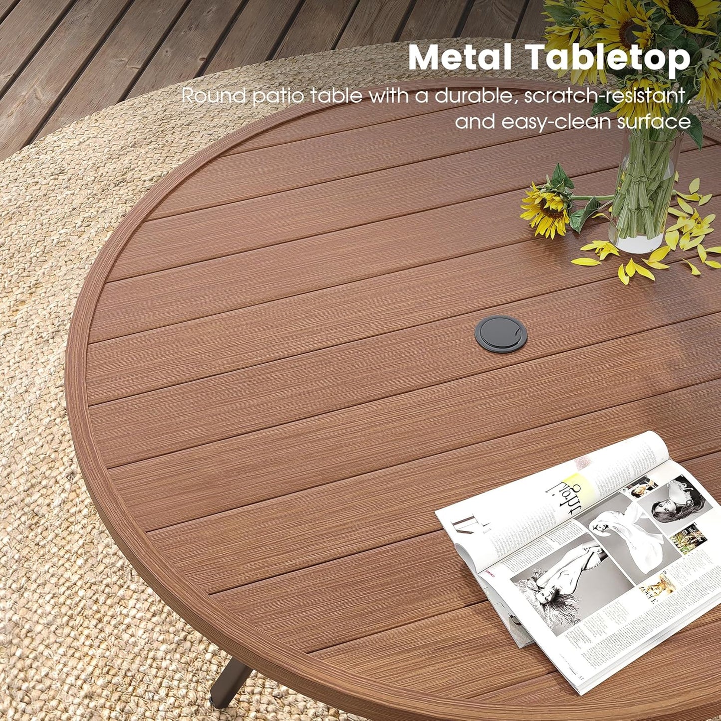 DIFY 48" Round Patio Dining Table for 6, All Weather Round Outdoor Metal Dining Table with 1.57" Umbrella Hole, Perfect for Backyard Lawn Garden, Walnut