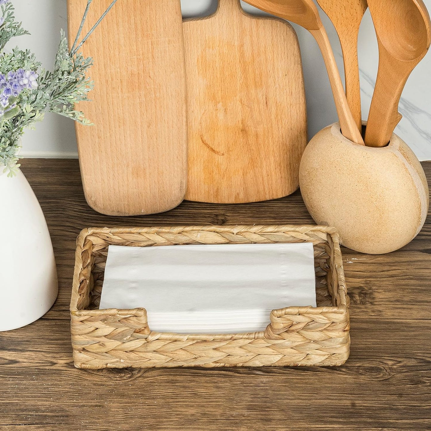 CLAYNIX Rattan Napkin Holders for Table, Napkins Holder For Paper Napkins, Kitchen Luncheon Paper on Boho Dining Countertop - Square