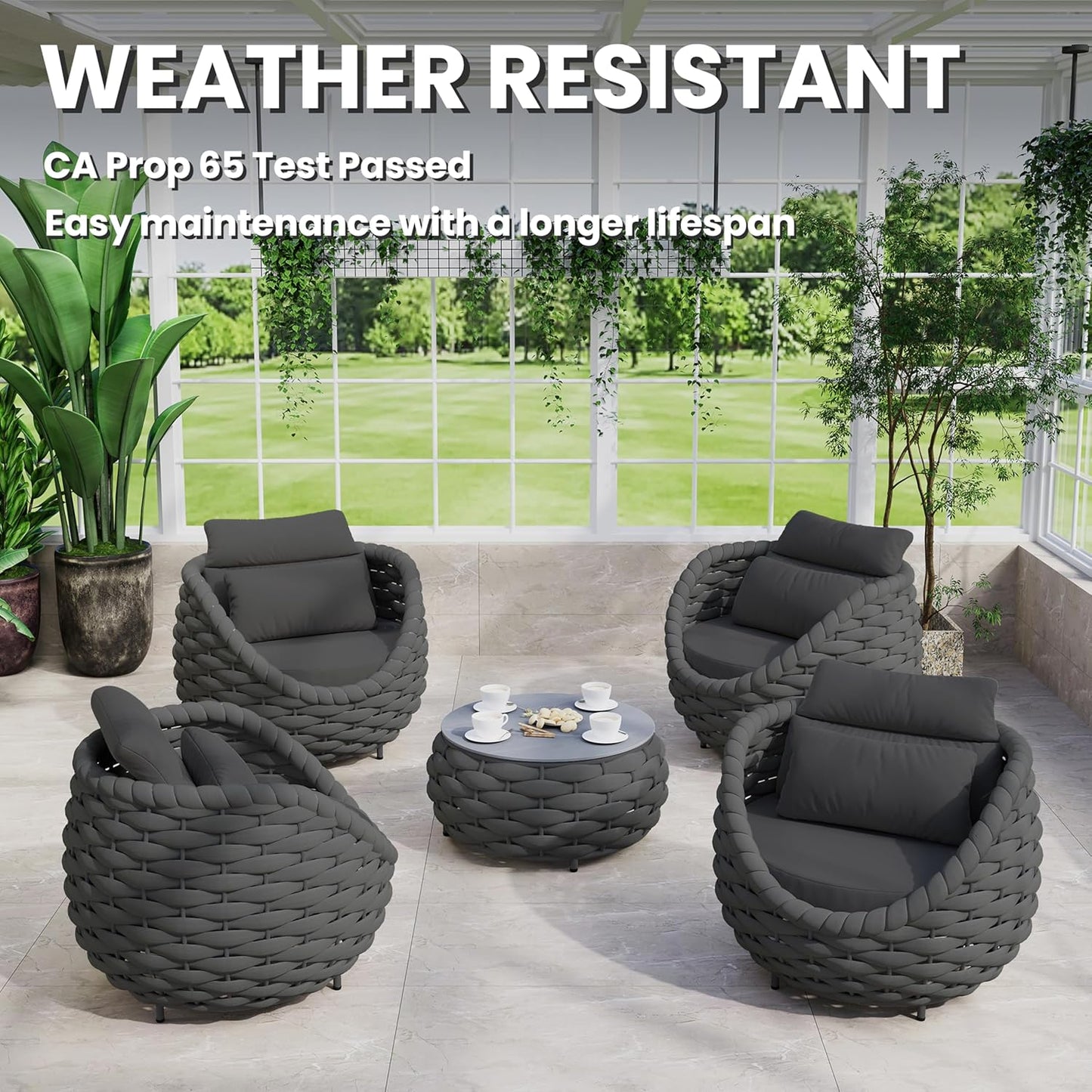 Aluminum Front Porch Furniture Set: 5 Pieces Woven Rope Patio Conversation Set - All Weather Cushioned Outdoor Sofa Set Assembled - Metal Modern Couch Set 400lb Deck Garden Pool Hotel, Dark Gray