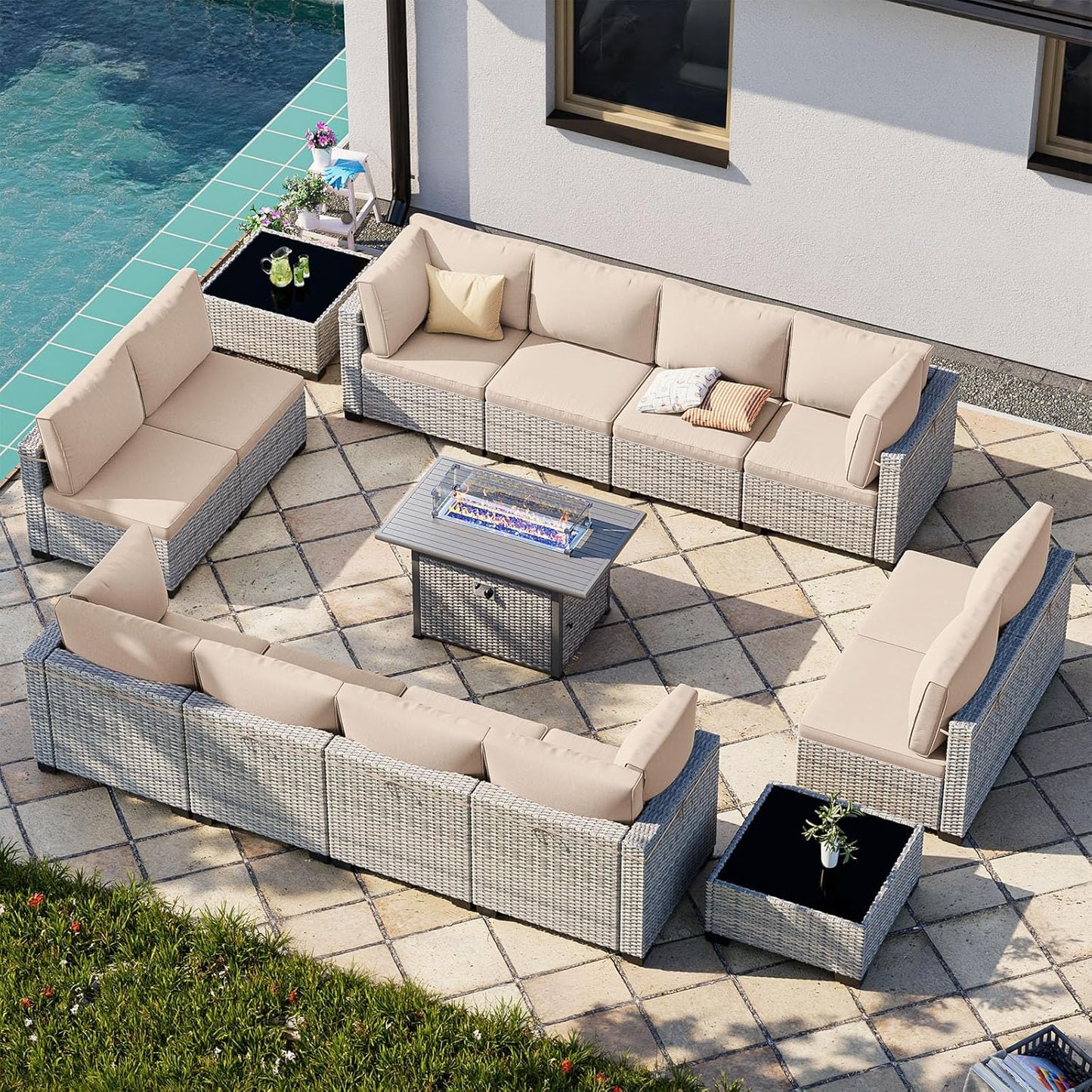 15-Piece Patio Furniture Set, Outdoor Patio Furniture with 55,000 BTU Fire Pit Table, Thick Cushions, Modular Patio Sofa, Dual-Strand Wicker Rattan, Rust-Resistant Frame, Khaki