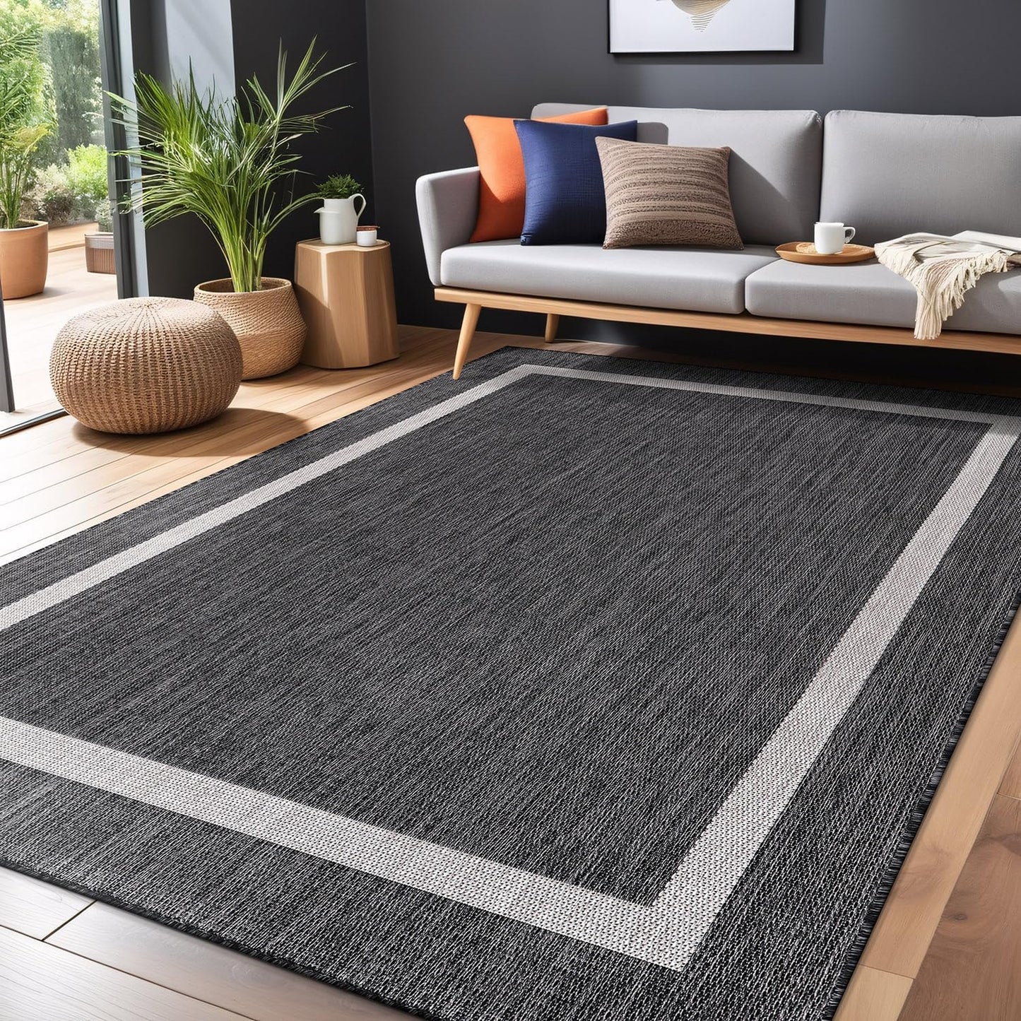 Bordered Outdoor Rug 8x10 Washable Outside Carpet for Indoor Patio Porch Waterproof Easy Cleaning Non Shedding Area Rugs Gray 8 x 10