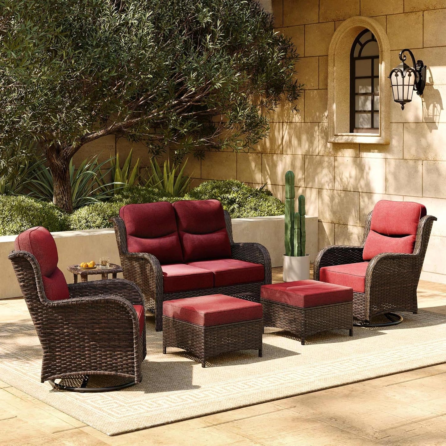 HILLGA Luxury Patio Furniture Set with 6-inch Thick Cushion, Outdoor Loveseat and High Back Swivel Rocker Patio Chairs, 6PCS Wicker Conversation Set for Deck Yard and Poolside, Burgundy (V2)