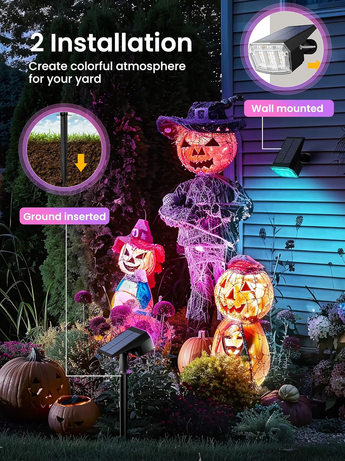 Color Changing Solar Spot Lights Outdoor, 9 Lighting Modes Colored Solar Lights Outdoor RGB, Color Light Waterproof IP65, Landscape Spotlights for Halloween Christmas Decorations