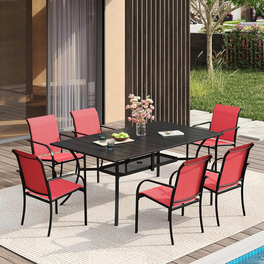 VICLLAX Patio Dining Set for 6, Outdoor Furniture Set Includes 59" Rectangle Patio Table and 6 Patio Sling Chairs, Outdoor Table and Chairs for Outsides, Black Tabletop and Red Fabric