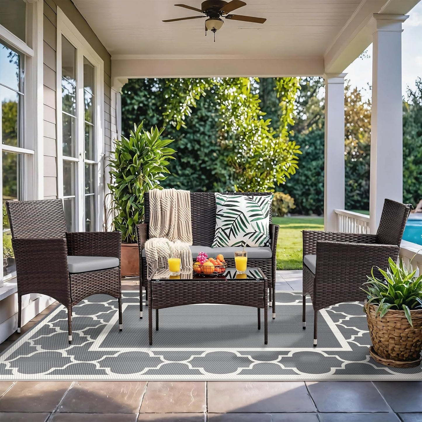 GENIMO 5 ' x 8 ' Outdoor Rug for Patio, Waterproof Indoor Outdoor Plastic Straw Rugs Carpet, Reversible Outside Area Mat for Camping, Balcony Porch, Deck, Picnic, Beach Grey & Beige White