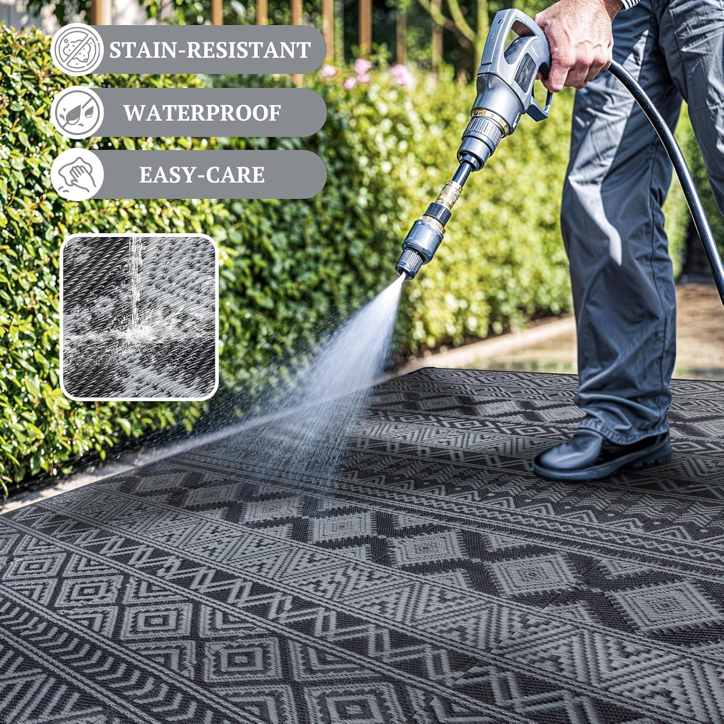 8'x10' Reversible Outdoor Rug - Eco-Friendly Plastic Straw Rug-Heavy-Duty Waterproof Mat, UV & Fade Resistant for Patio, Camping, RV, Deck, Balcony(8x10,Black&Gray)