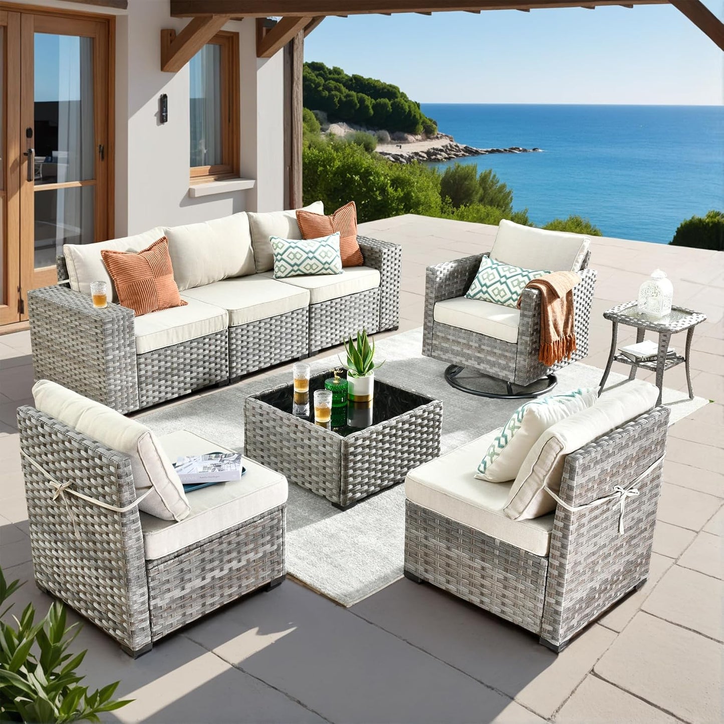 ovios 8 Pieces Patio Furniture Set, Outdoor Wicker Sectional Sofa with Swivel Chair Coffee Table, Modern Modular Deep Seat Rattan Couch Conversation Sets, Beige