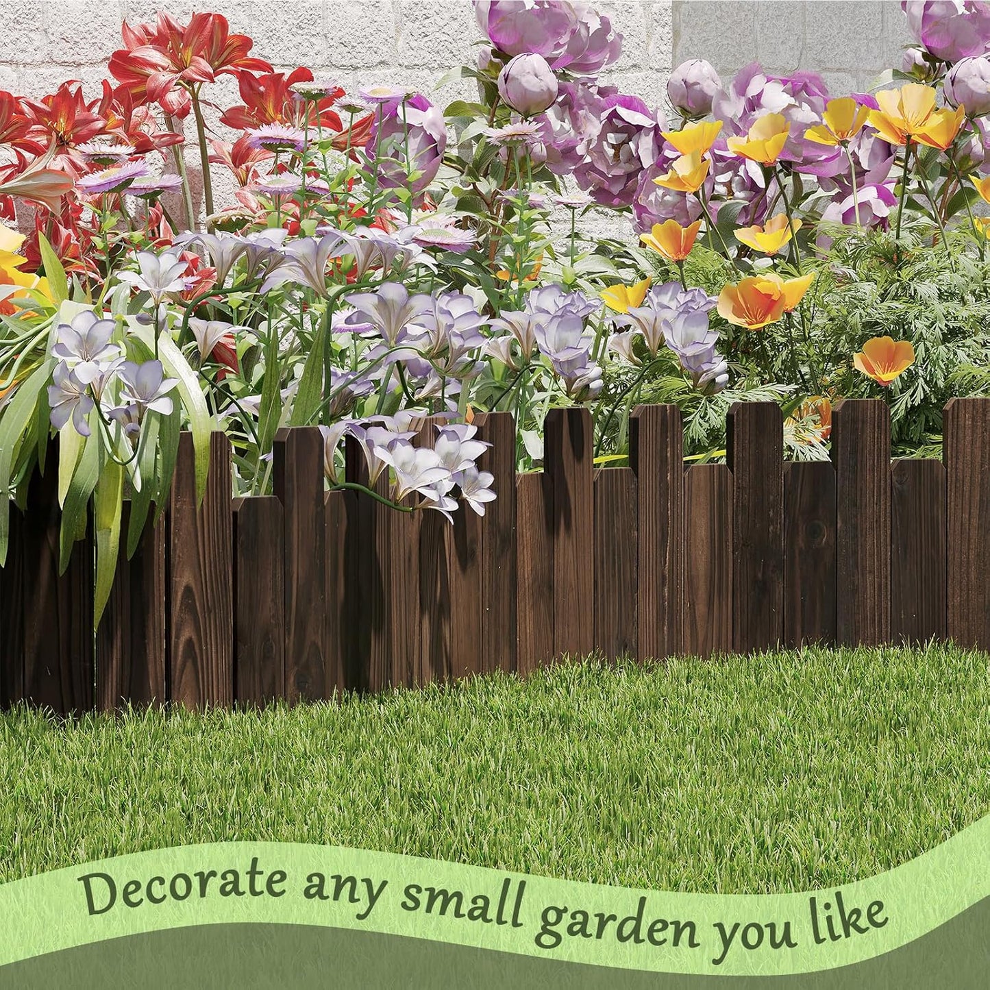 Wood Garden Edging Border Wooden Garden Fence No Dig Landscape Edging Lawn Fence Border Decorative Flower Bed Border Courtyards Planting Tree Fence Yard Patio Path Edging - 9" H x 47.3" L (1PACK)