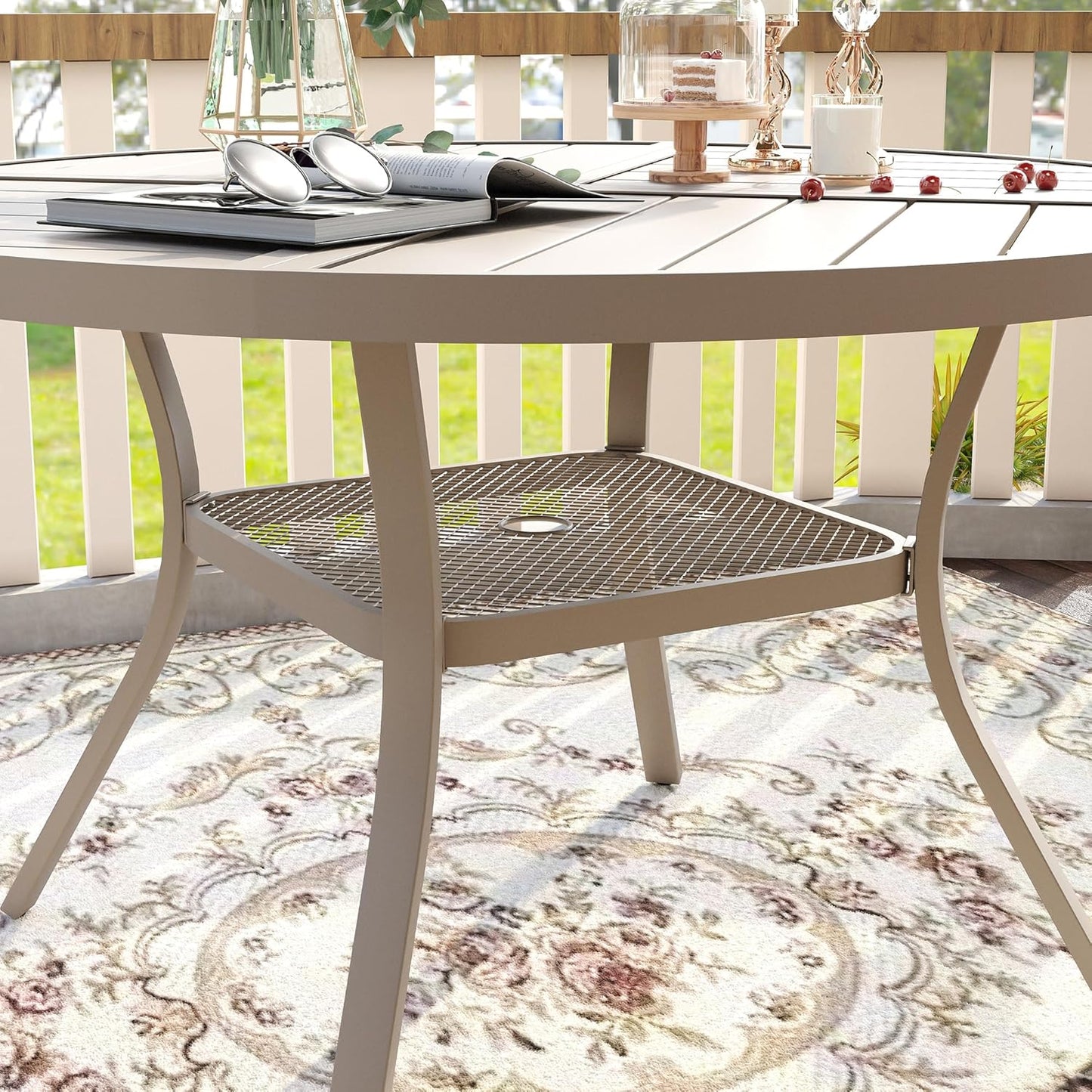 VICLLAX 7 Pieces Patio Dining Set, Outdoor Furniture Set Includes 47.2" Round Patio Table and 6 Patio Sling Chairs, Sandshell Color Tabletop and Fabric