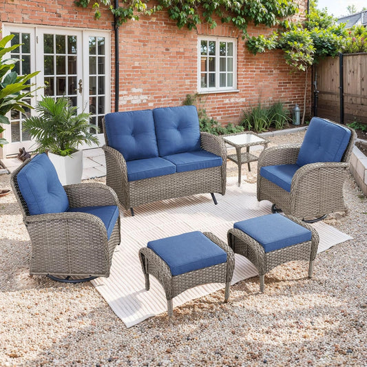 HUMMUH 6 Pieces Patio Furniture Set-Patio Glider Loveseat with Rattan Outdoor Swivel Chairs Outdoor Conversation Furniture Sets for Deck Lawn Porch Balcony Poolside-Grey/Blue
