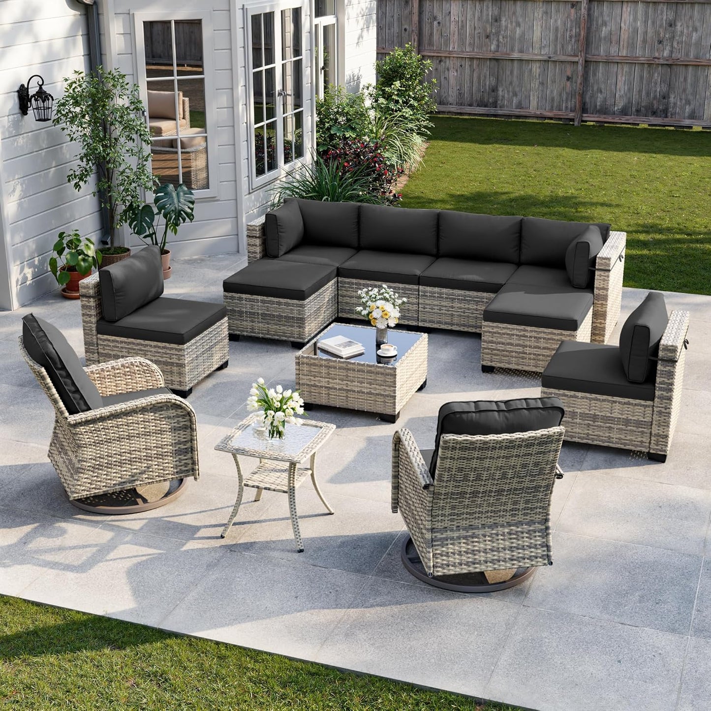 12-Piece Patio Furniture Set, Outdoor Patio Furniture with Swivel Chairs Set, Ottomans, Modular Patio Sofa, Dual-Strand Wicker Rattan, Rust-Resistant Frame, Black