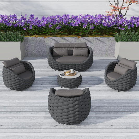 5 Pieces Patio Furniture Set, Outdoor Rope Conversation Sectional Patio Sofa with 5 Seater for Backyard, Porch, Modern Armchairs with Thickness Cushions and Side Table, Dark Grey