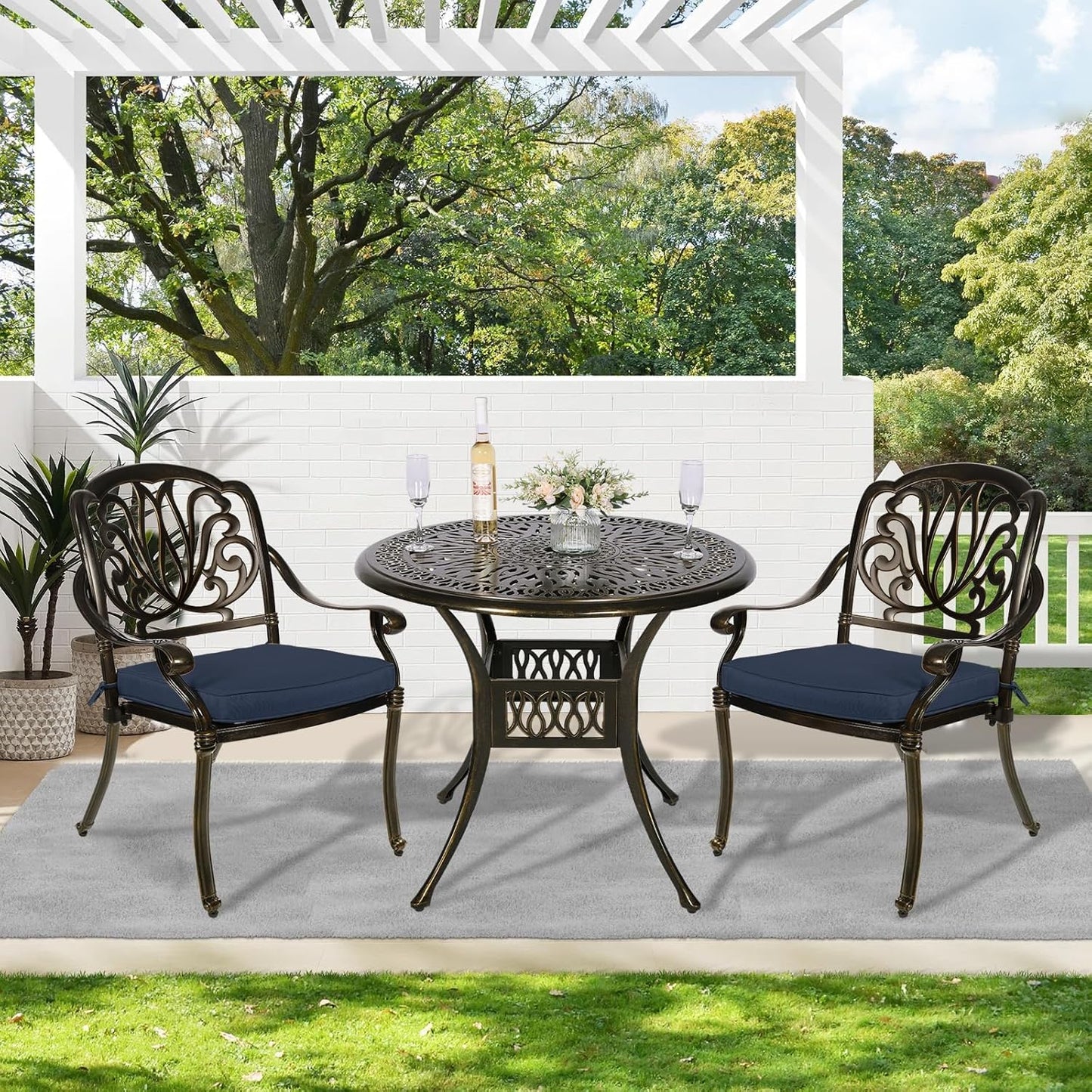 MEETWARM 3 Piece Patio Bistro Set, Outdoor All-Weather Cast Aluminum Dining Furniture Set Includes 2 Cushioned Chairs and a 35.4” Round Table with Umbrella Hole for Garden Deck, Navy Blue