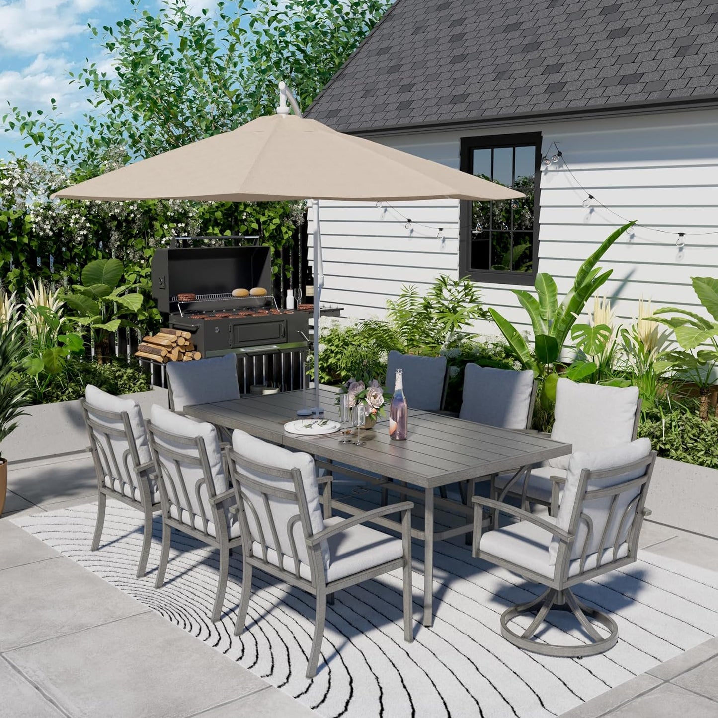 HAPPATIO Patio Dining Table for 8, Large Rectangle 84"×39.8", Patio Aluminum Slat Dining Table with 2.2" Umbrella Hole, All Weather Outdoor Table for Lawn, Garden and Poolside