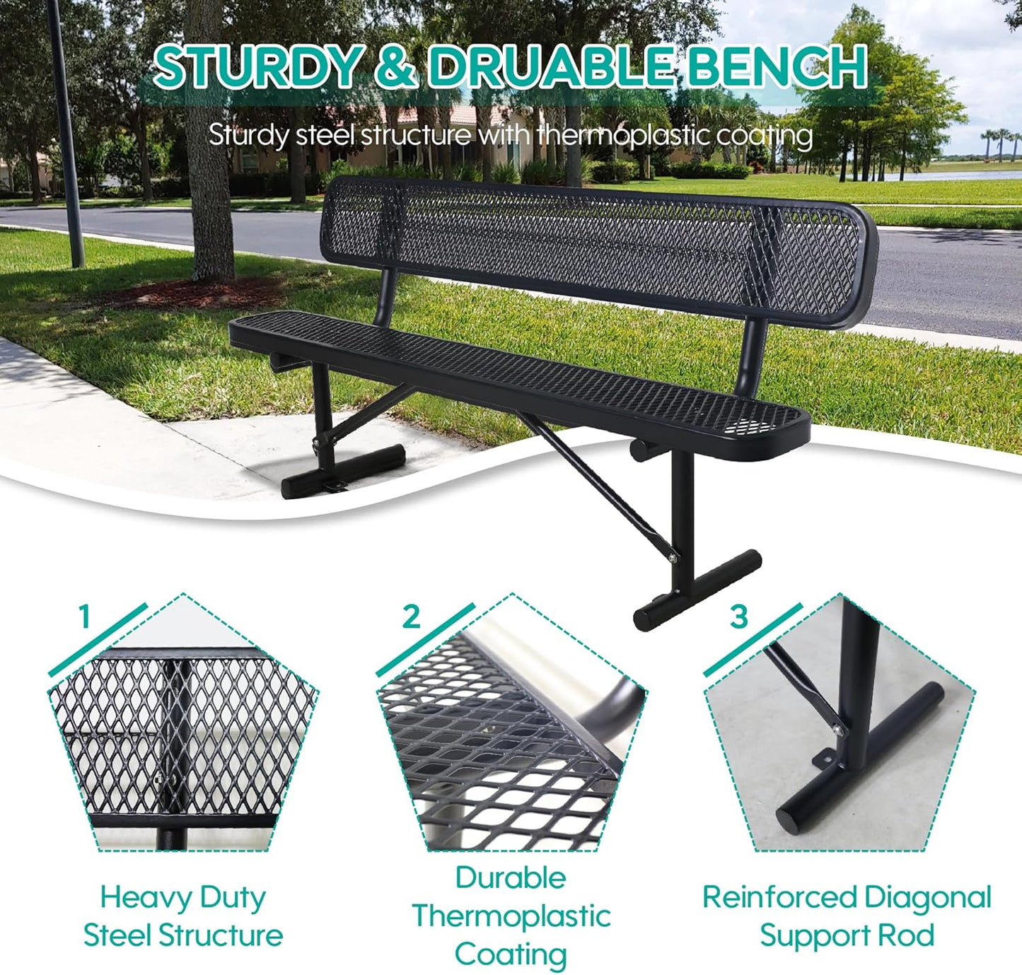 4 Feet Heavy Duty Metal Park Bench for Outside, Outdoor Bench with Backrest & Portable Frame, Commercial Benches for Shopping Malls, Stores, Parks, Patios, Decks, Black