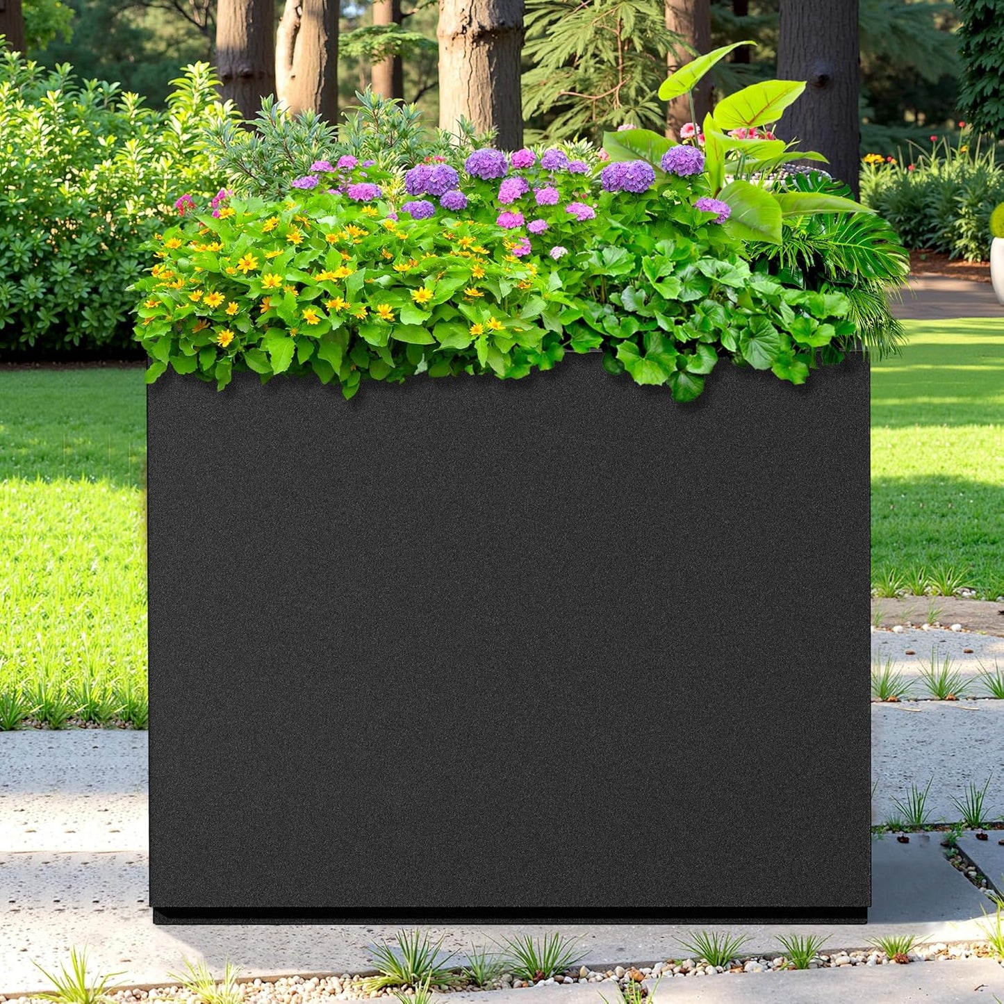 Rectangle Planter for Indoor & Outdoor, Tall and Long Planter Boxes with Drainage Holes, Mental Divider Planter Box All-Weather Use for Plants, Flowers, 29.9" L x 12" W x 24" H, Black