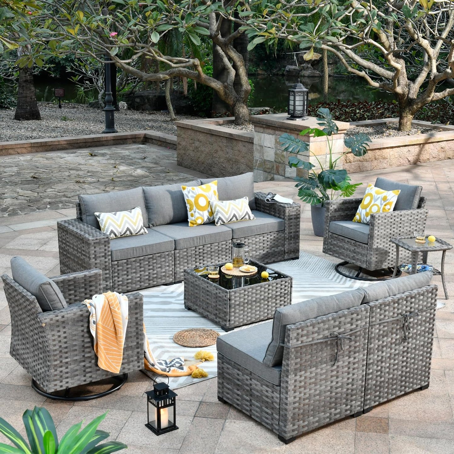 HOOOWOOO 9 Piece Modular Patio Outdoor Sectional Furniture Set with Swivel Rocking Chairs,Wicker Conversation Sofa Set,Outside Couch Set with Wide Arm(Dark Grey)