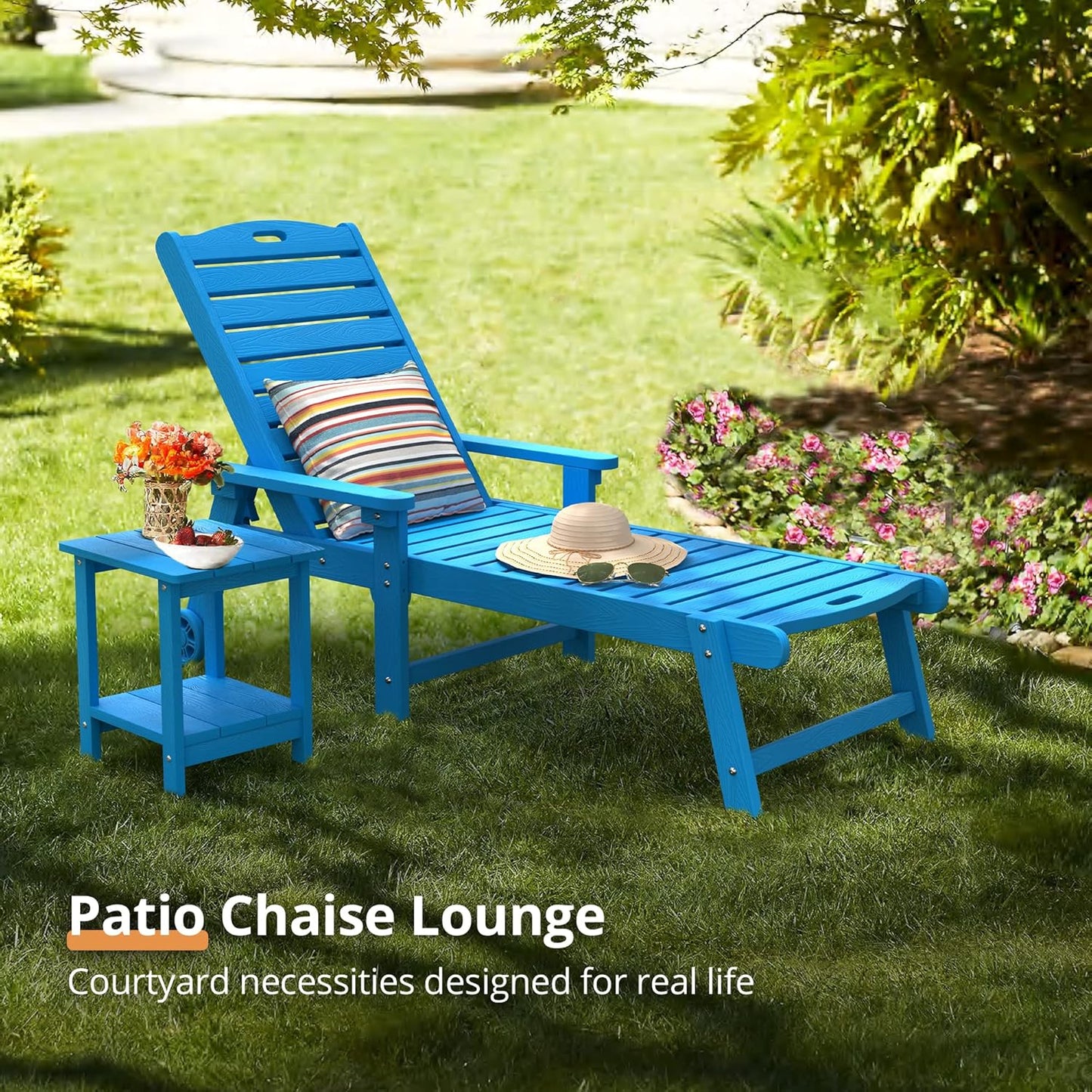 LUE BONA Chaise Lounge Chairs Set with Table, 3-Piece, 79'' Oversized HDPS Chaise Lounger, 5 Positions Adjustable Lounge Chairs, Pool Lounge Chair with Wheels for Poolside, 3 Year Warranty, Blue