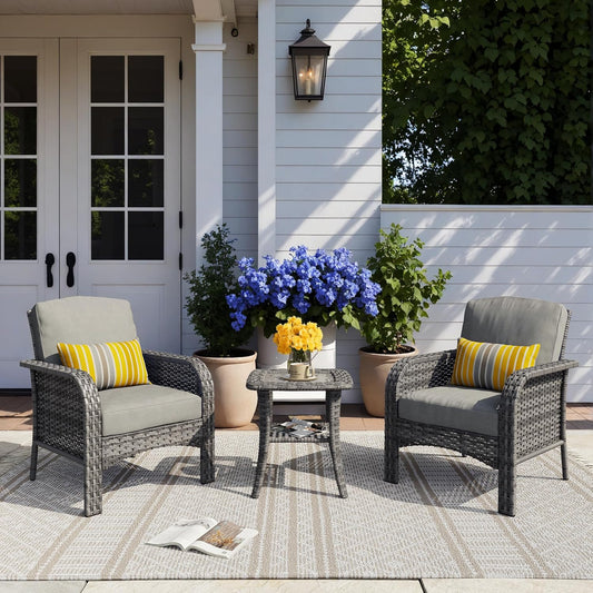HOOOWOOO Patio Furniture Set,3 Pieces Outdoor Conversation Set,All Weather Wicker Bistro Set Yard Porch High Back Chairs Side Table,Dark Gray