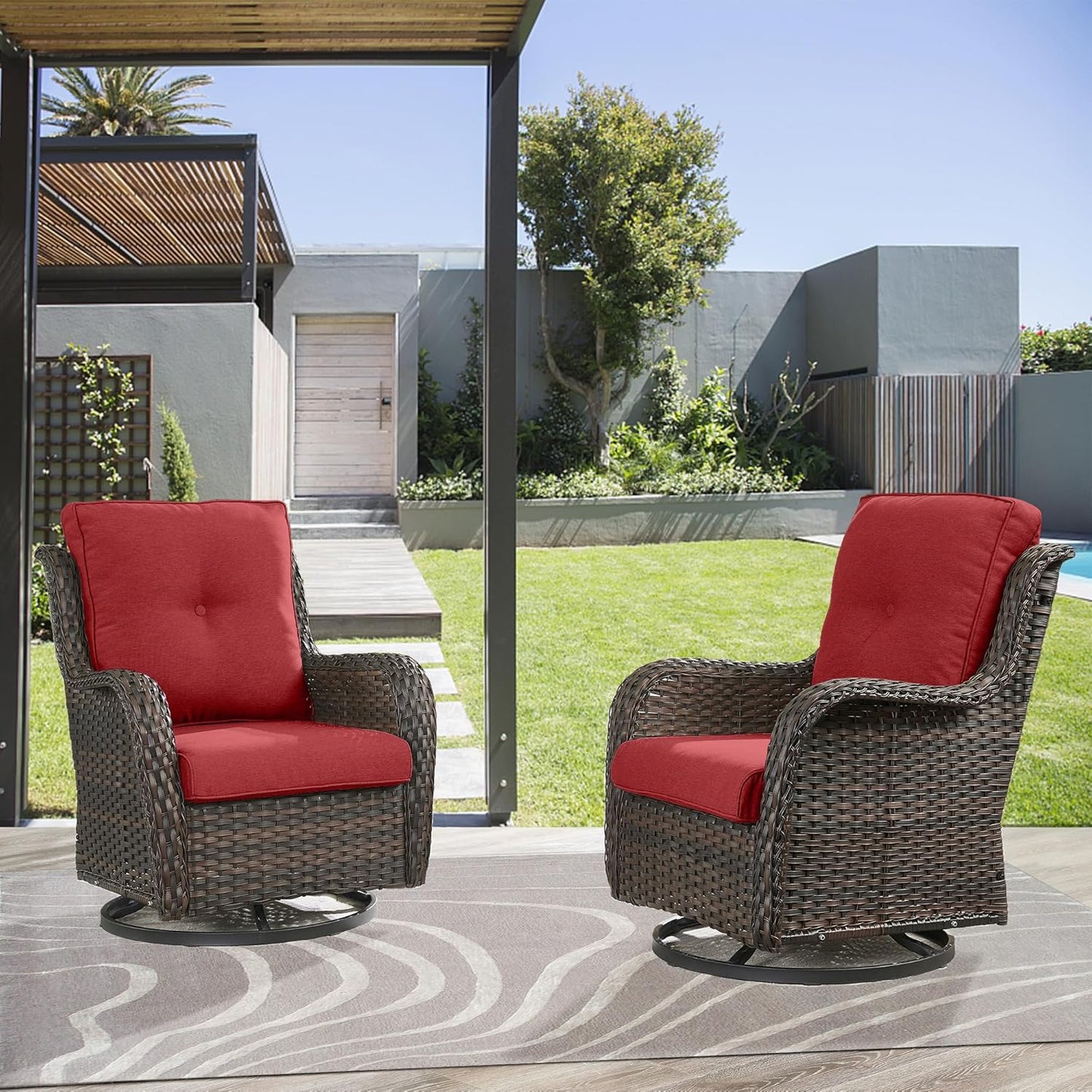 5 Piece Outdoor Patio Furniture Set - Wicker Furniture Patio Conversation Set, Outdoor Swivel Rocker Chairs with 3-Seater Sofa and 2 Ottomans for Small Space, Red Cushion