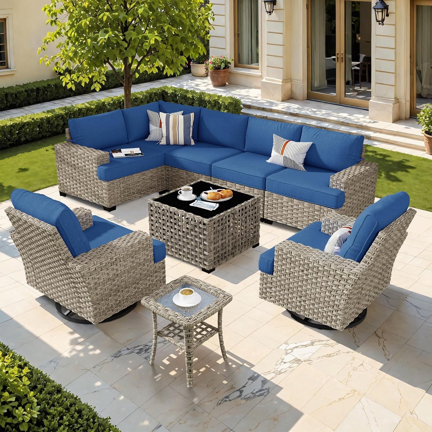HOOOWOOO Outdoor Sectional Patio Furniture Set,9 Pieces Wicker Conversation Sets L Shaped Couch,Extra Deep Out Door Sofa Outside Furniture with Swivel Chairs,Navy Blue