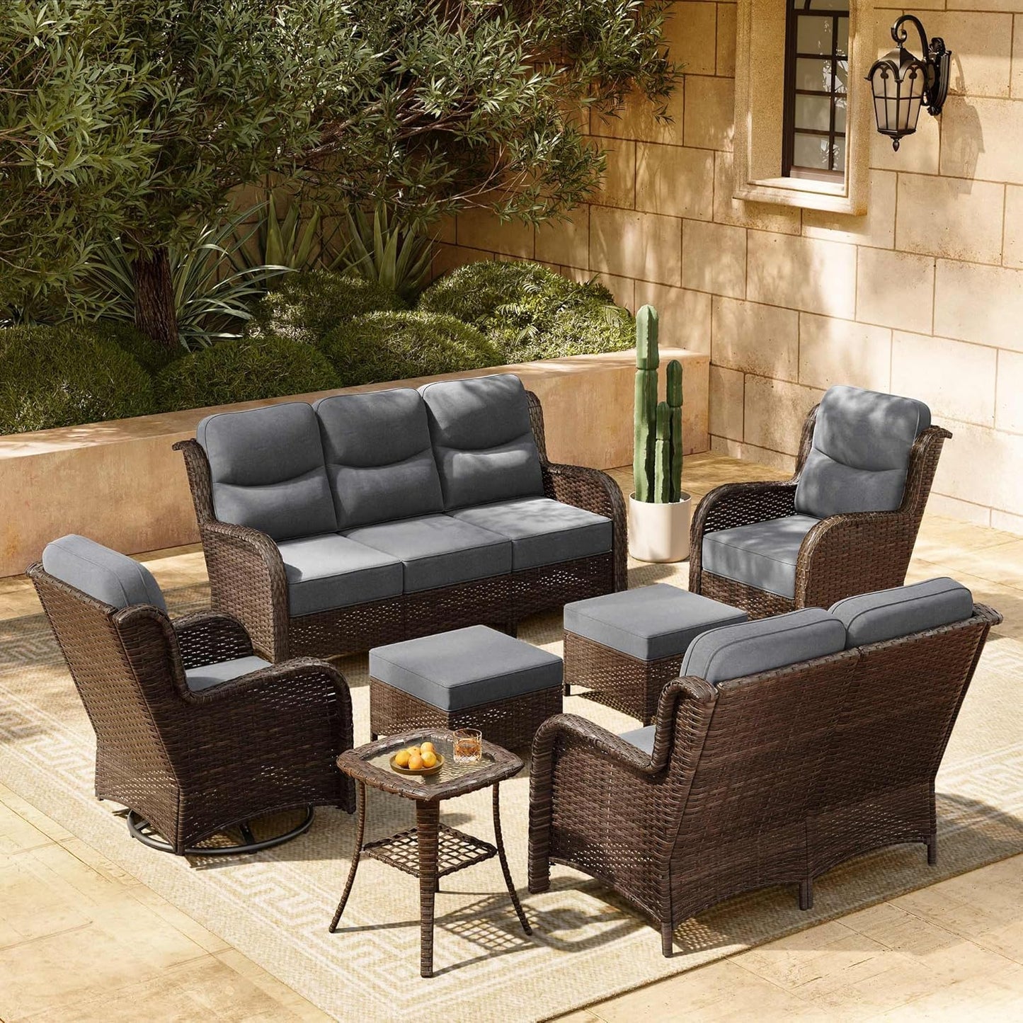 HILLGA Luxury Patio Furniture Set with 6-inch Thick Cushion, Outdoor Couch, Loveseat and High Back Swivel Rocker Patio Chairs, 7PCS Wicker Conversation Set for Deck Yard and Poolside, Dark Grey (V2)