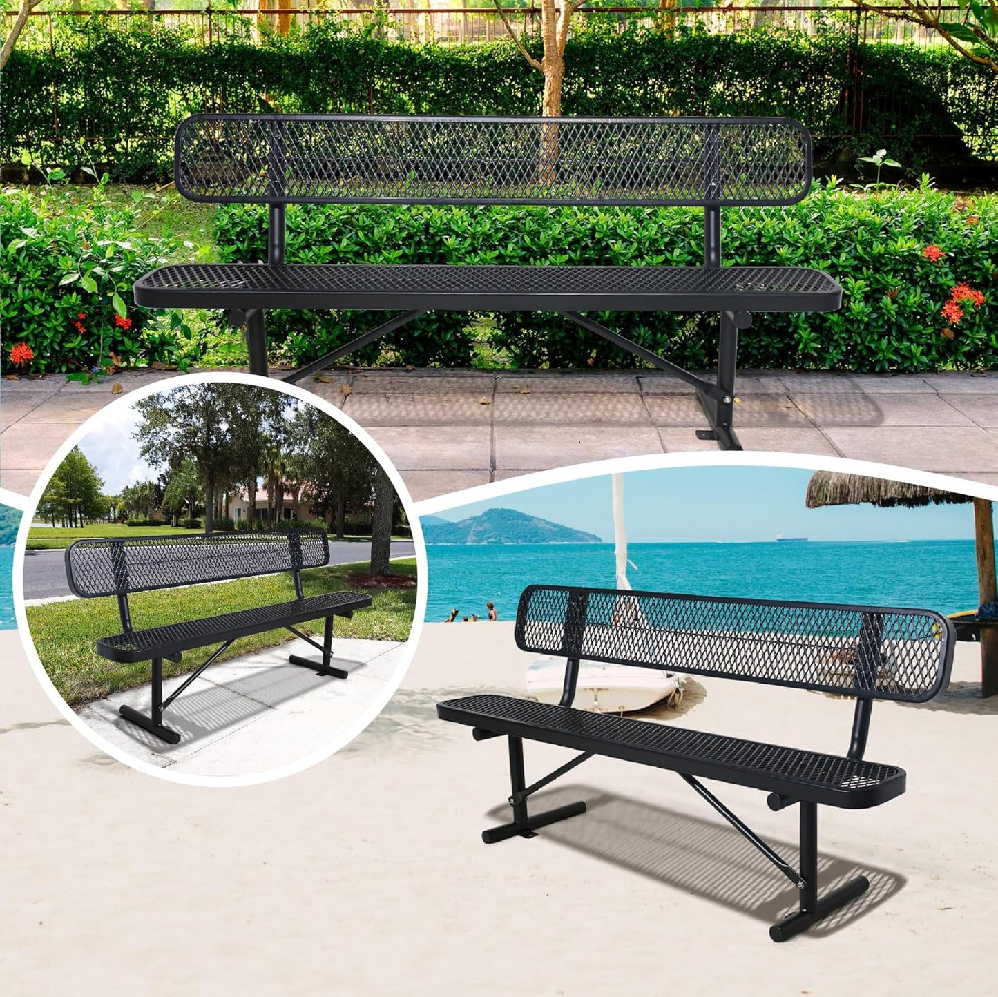 8FT Outdoor Bench Metal Park Bench with Backrest, Heavy-Duty Expanded Picnic Bench Steel Mesh Portable Seating Patio Bench for Garden, Porch, Park,School,Road Sports