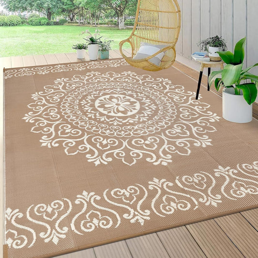 Pauwer Waterproof Outdoor Rug 8x10, Reversible Plastic Straw Patio Camping Rug, Indoor Outdoor RV Mat Carpet for Deck, Camper, Porch, Balcony, Backyard, Picnic, Floral Brown
