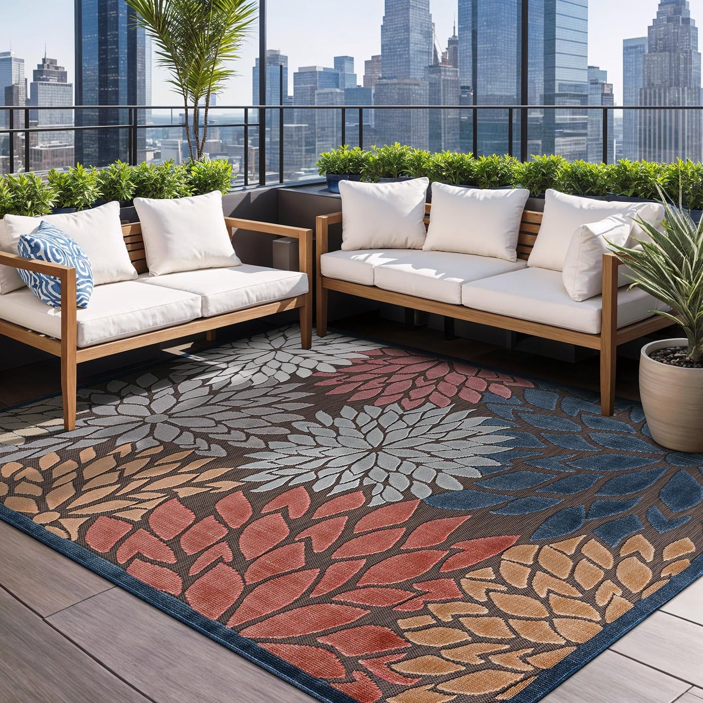 Beverly Rug Outdoor Rug 6x9 Modern Floral Tropical Area Rugs for Indoor and Outdoor Patio Easy to Clean Non Shedding Living Room Porch Garden Washable Outside Carpet (6 x 9 Brown)
