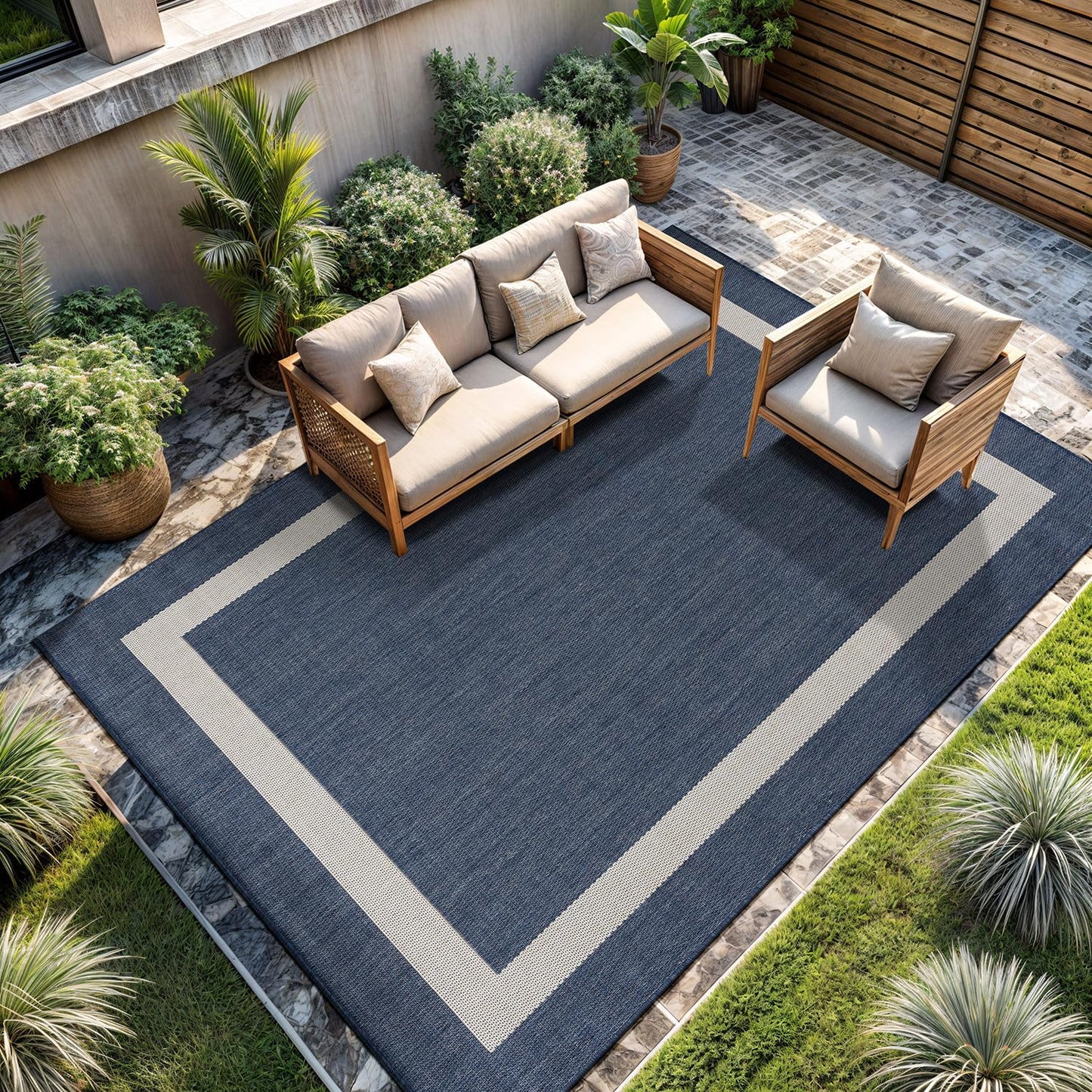 CAMILSON Outdoor Rug 9x12, Large Modern Outside Rugs for Patios Porches Waterproof Durable Washable Non-Shedding, Easy-to-Clean Indoor Outdoor Area Carpet (9 x 12, Bordered - Blue/White)