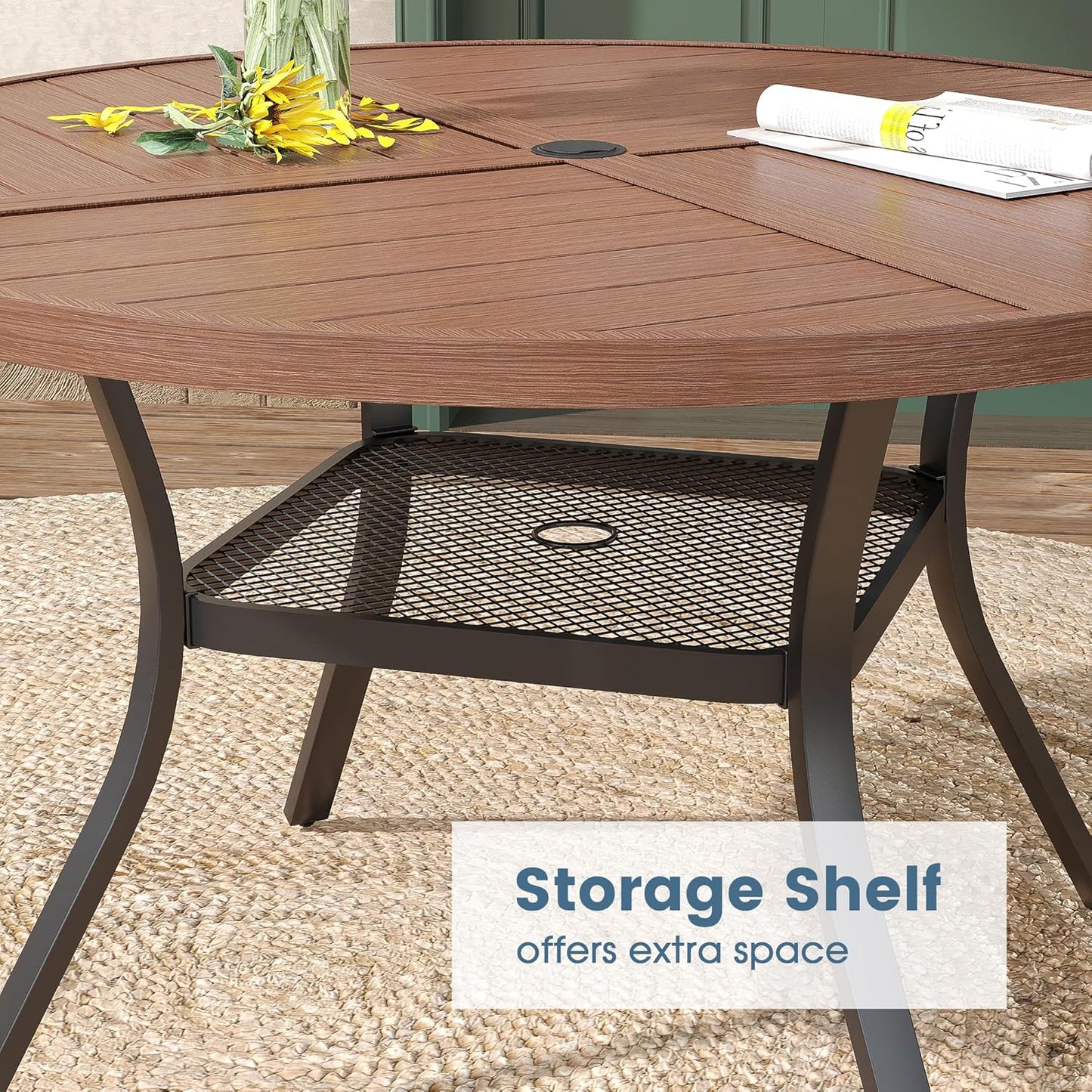 DIFY 40.6" Round Outdoor Patio Dining Table for 4, All-Weather Metal Steel Slatted Patio Table with 1.57" Adjustable Umbrella Hole, for Lawn Garden Porch Backyard, Walnut