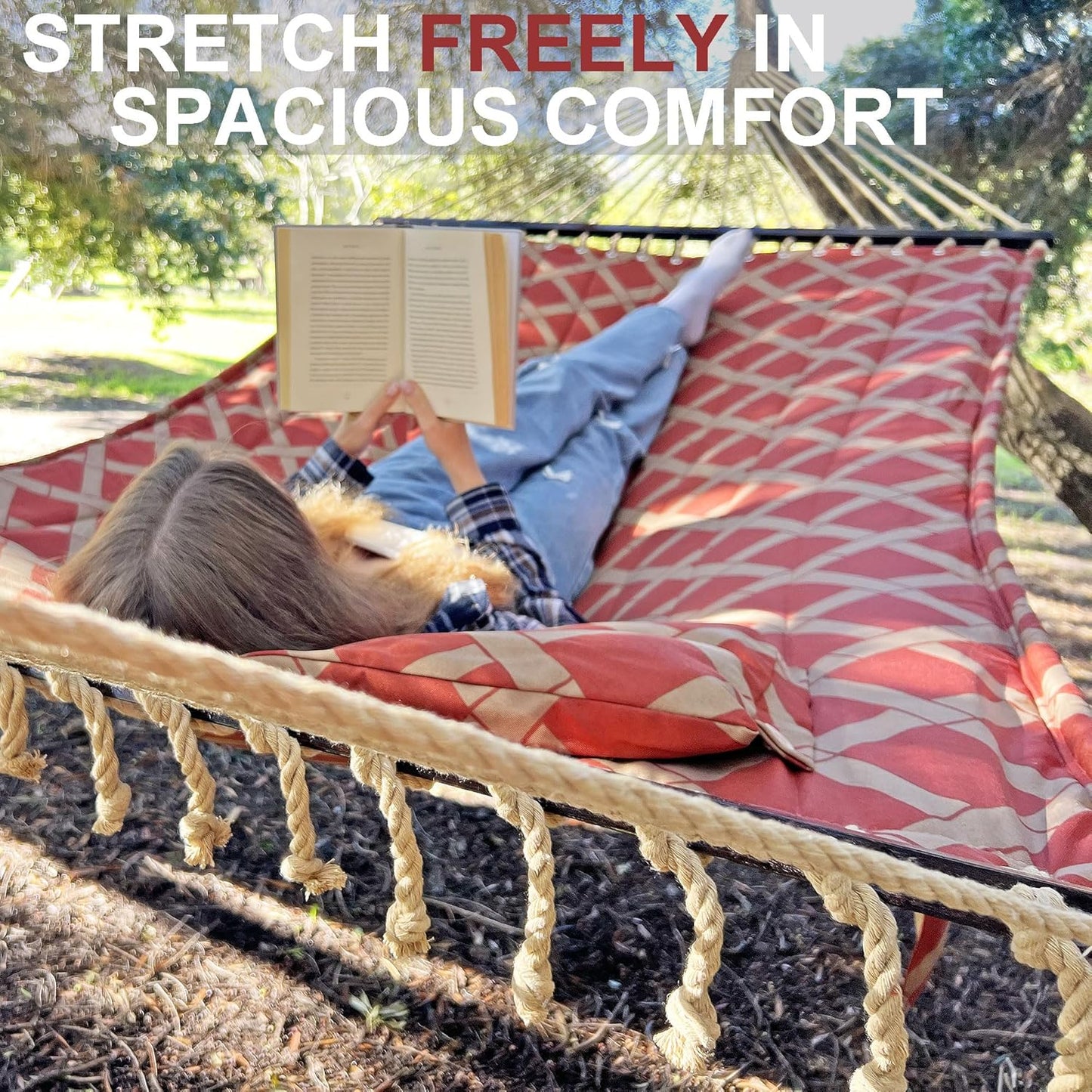 13 FT Tuscan Lattice Sienna/Taupe Quilted Hammock with Spreader Bars,Detachable Pillow and Chains,600lbs Capacity,Two Person Hammock for Outdoor, Patio, Backyard,Tree_Double Hammock