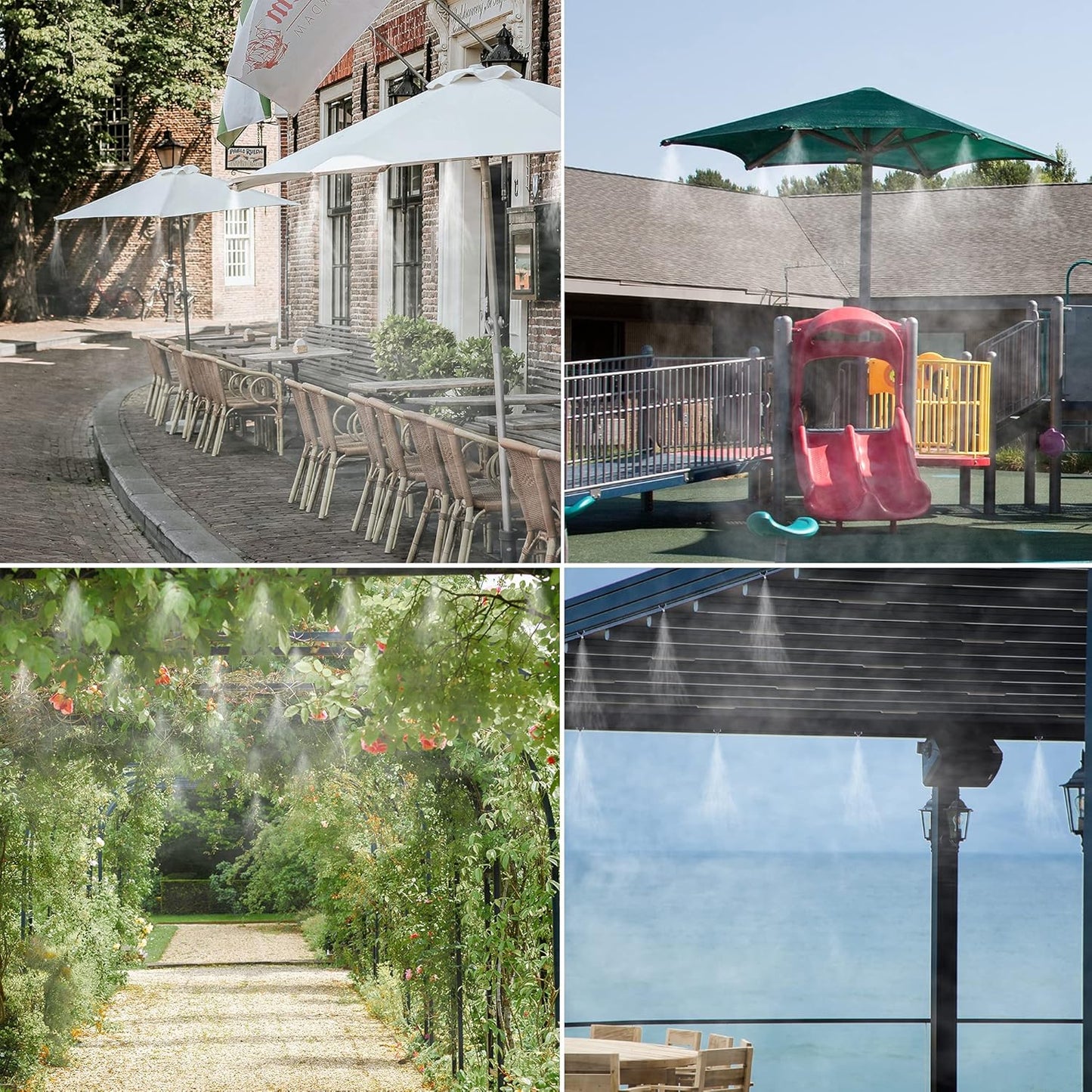 Mornajina Outdoor Misting Cooling System with Pump Kit, 49.2FT(15M) Misting Line with Filter, 20 Brass Mist Nozzles, 1 Brass Adapter (3/4"), 12V DC 60W 5L/Min, Self Priming Sprayer Water Pump